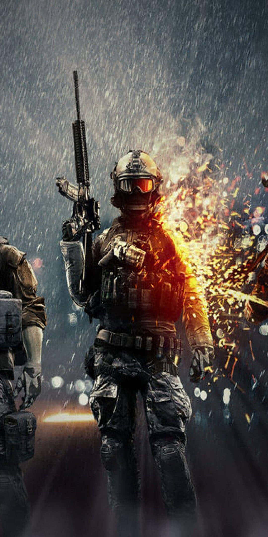 sparks 桌布 壁紙 — 一名全副武裝的士兵在雨中挑釁地站立，身後熾熱的火花在激烈的戰鬥場景中爆炸。