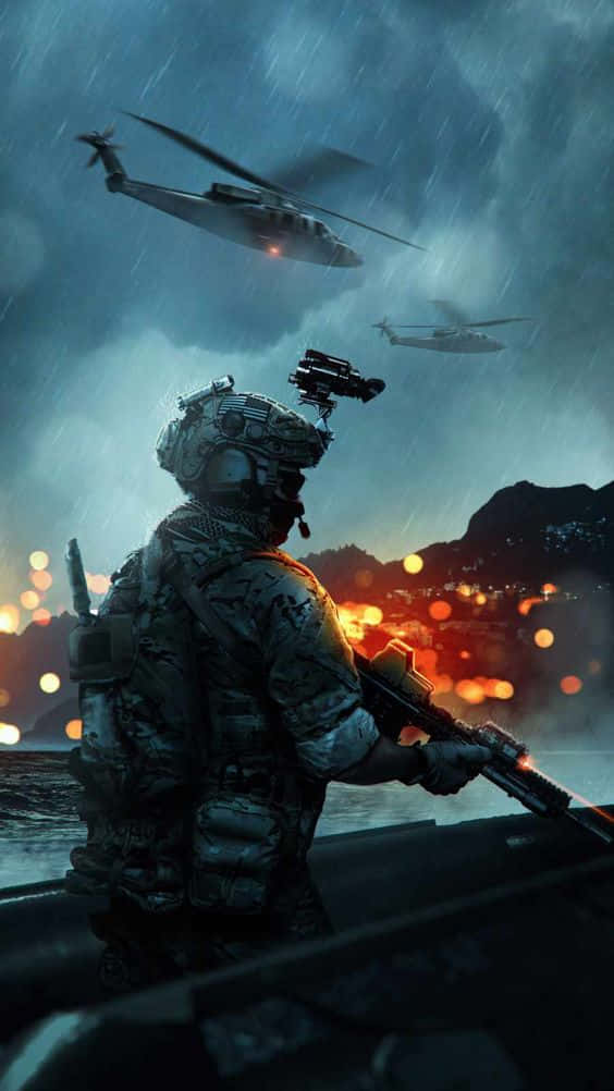 Pixel 3xl Battlefield V 桌布 壁紙 — 一名全副武裝的士兵在雨中站在船上，直升機在黃昏時分飛過燃燒的沿海城鎮上空。