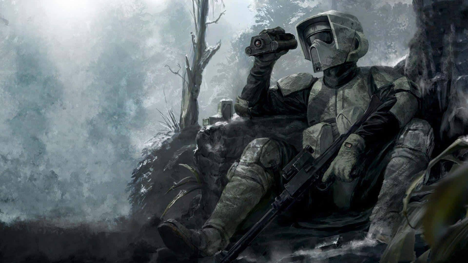 Imperial Army 桌布 壁紙 — 一名全副武裝的士兵坐在霧氣瀰漫的森林空地中，手持雙筒望遠鏡，步槍放在身旁。