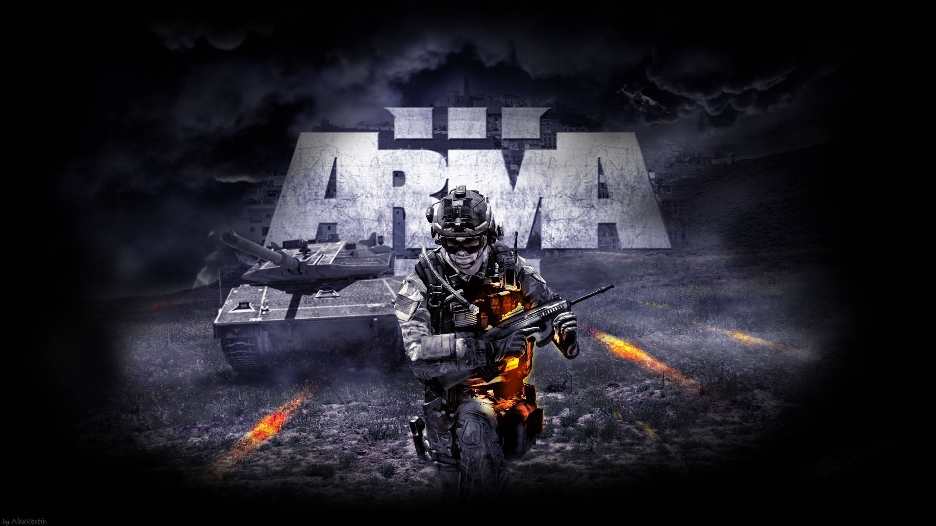 arma 桌布 壁紙 — 一名全副武裝的士兵持步槍向前奔跑，身後一輛坦克在暴風雨的天空下若隱若現，伴隨著發光的橙色軌跡。