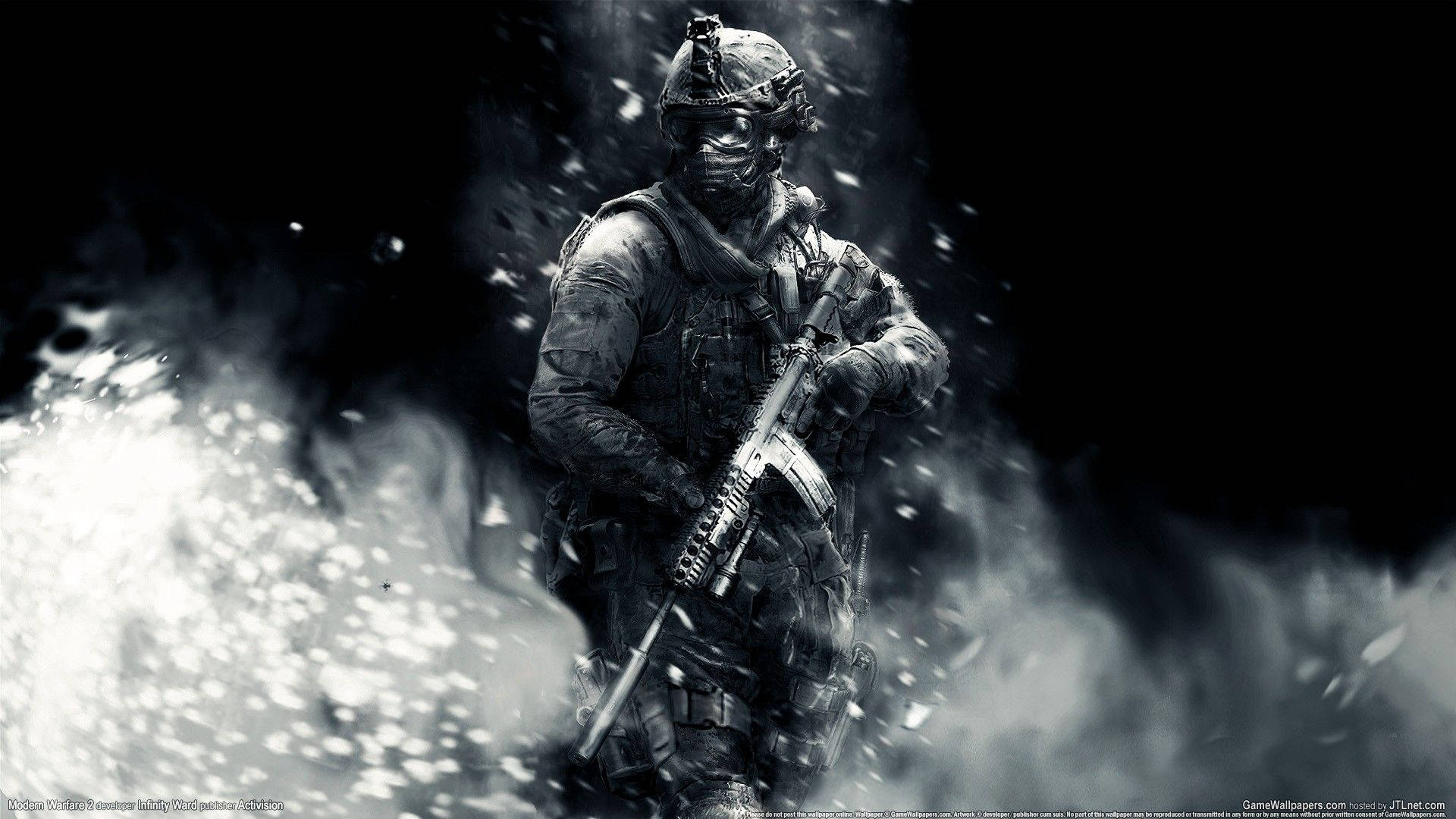 Call 桌布 壁紙 — 一名全副武裝的士兵站在爆炸煙霧和碎片中，高對比度的黑白場景。