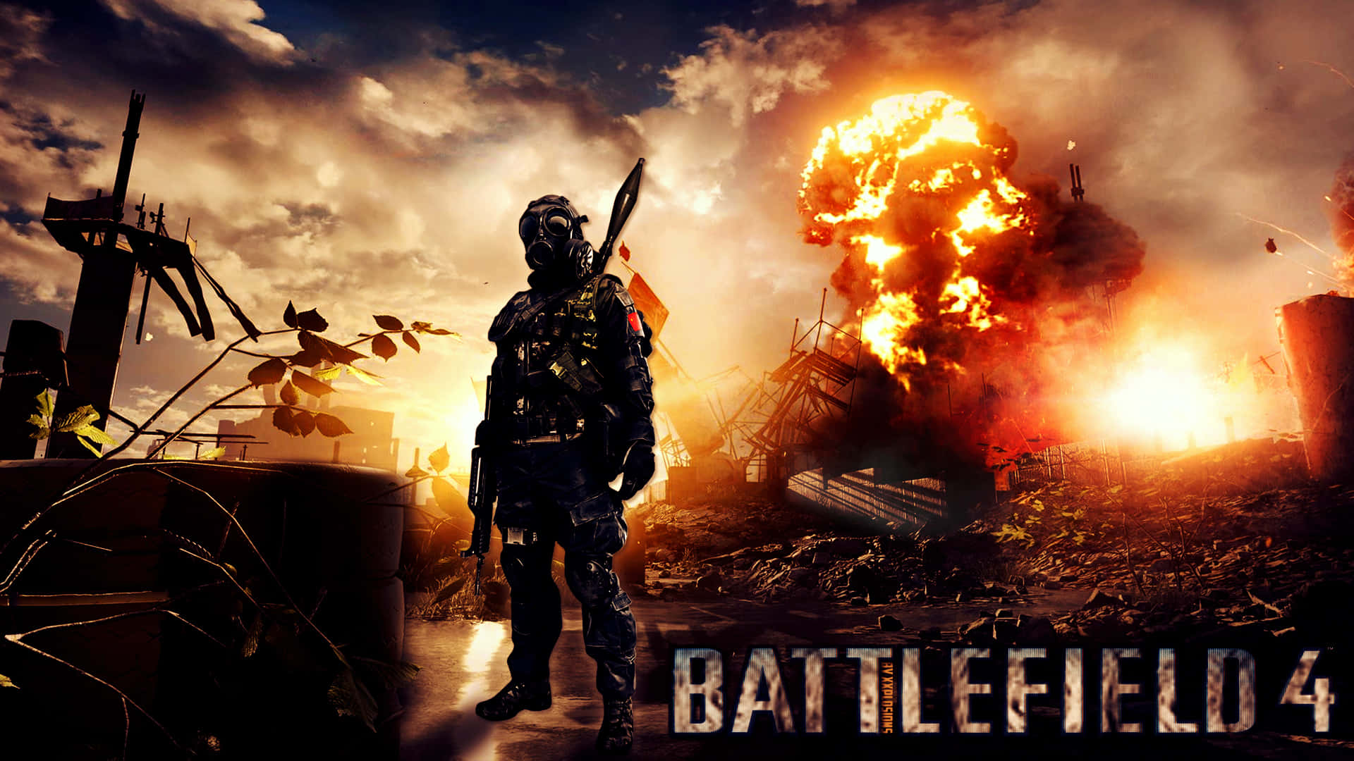 Battlefield Desktop 桌布 壁紙 — 一名全副武裝的士兵站在瓦礫中，身後在火紅的天空下發生巨大爆炸。