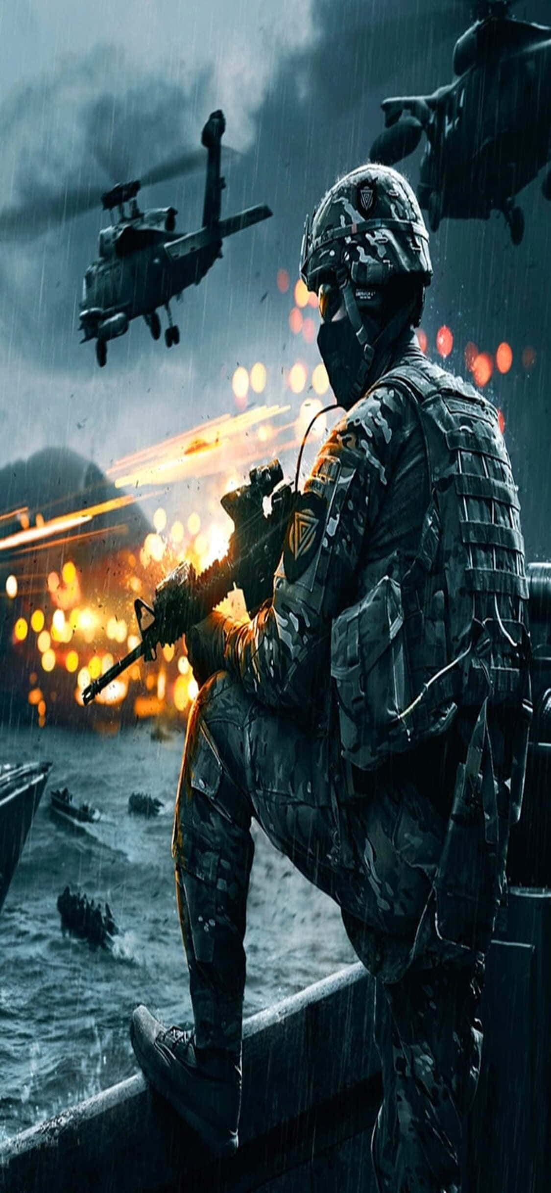電玩遊戲 桌布 壁紙 — 一名全副武裝的士兵站在軍艦上，直升機在頭頂飛過，周圍是熾熱的爆炸和雨水。
