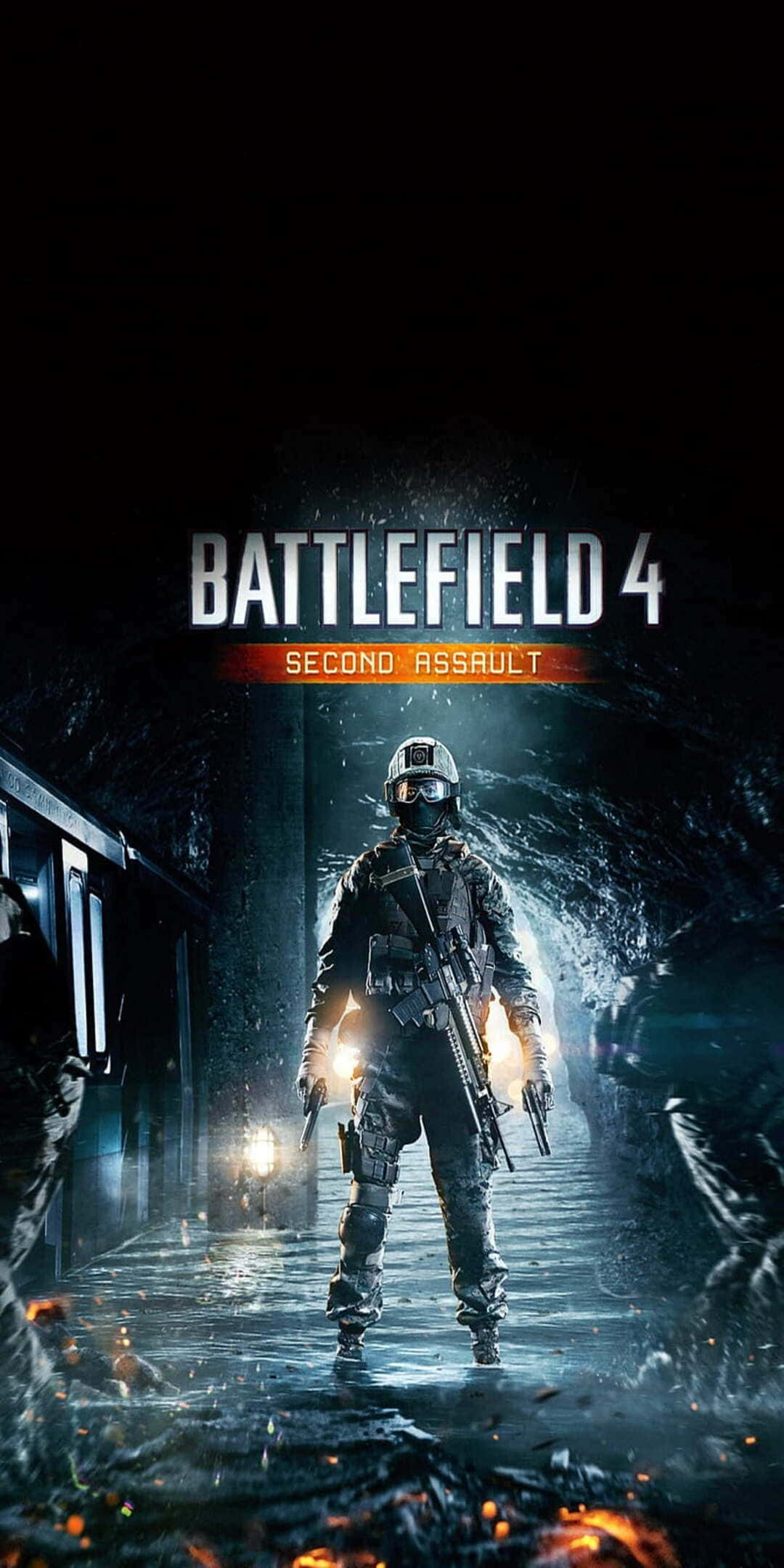 game 桌布 壁紙 — 一名全副武裝的士兵站在黑暗潮濕的隧道中，有發光的餘燼和上方的 Battlefield 4 標誌。