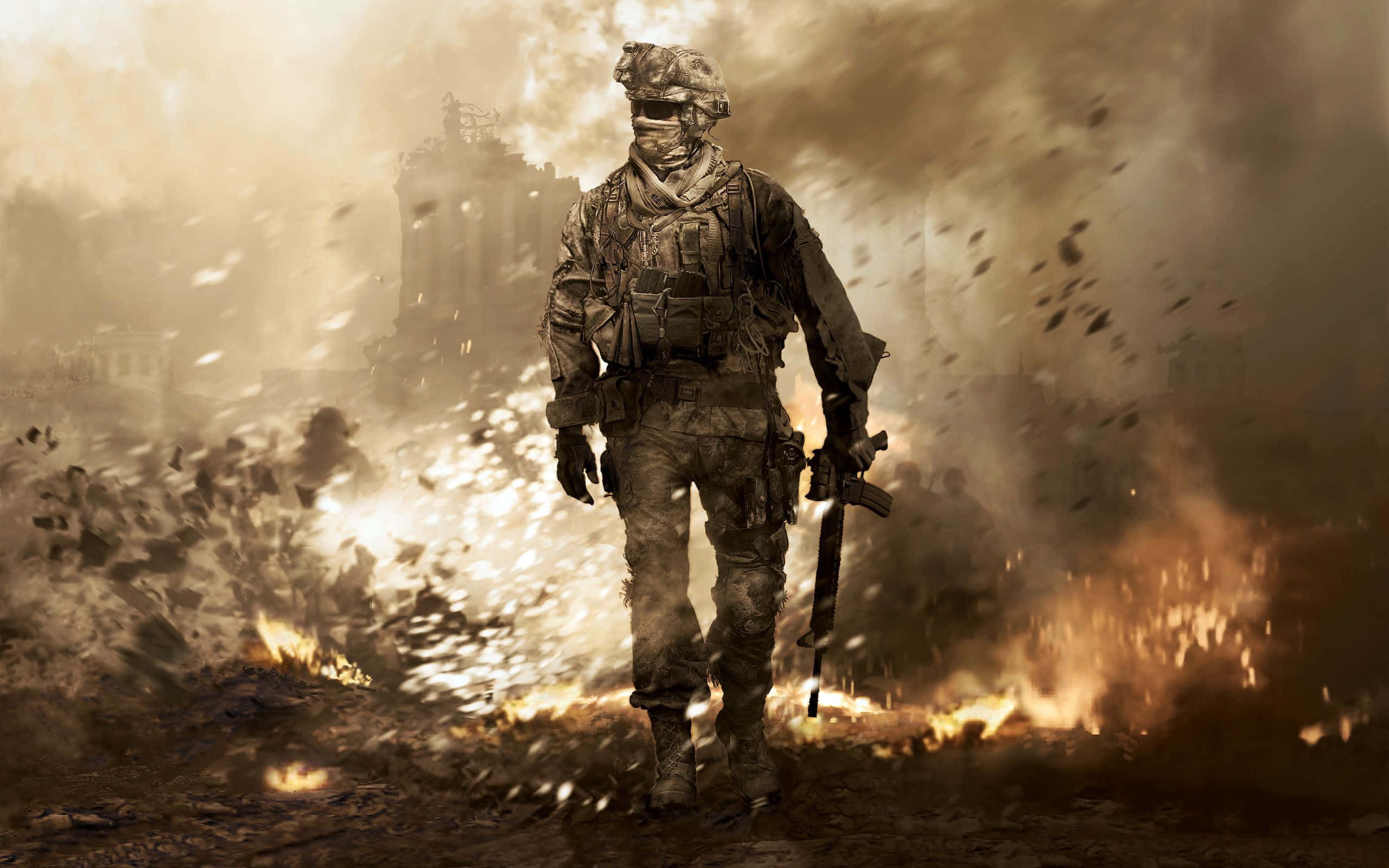 games 桌布 壁紙 — 一名全副武裝的士兵走過烈火熊熊的戰場，煙霧和碎片在他周圍翻騰。