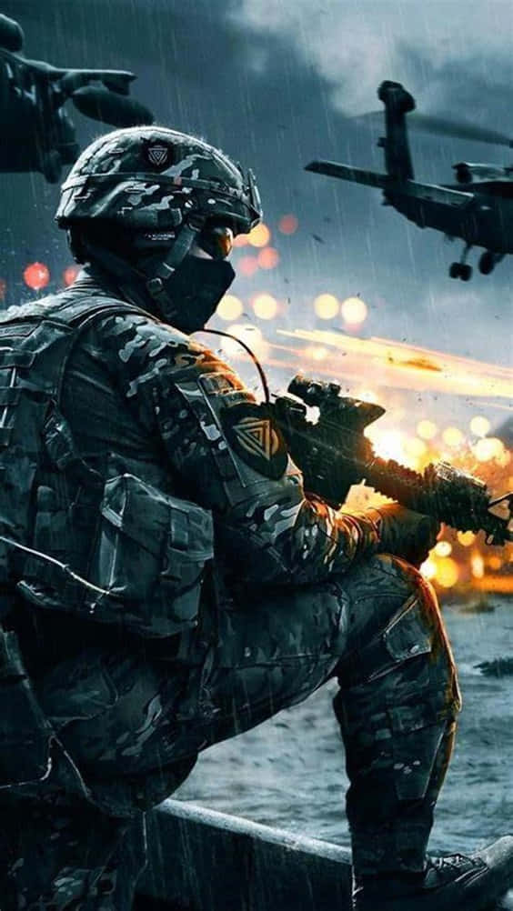 Pixel 3xl Battlefield V 桌布 壁紙 — 一名全副武裝的士兵蹲在船上，直升機在頭頂飛過，背景是火燒般的日落天空。