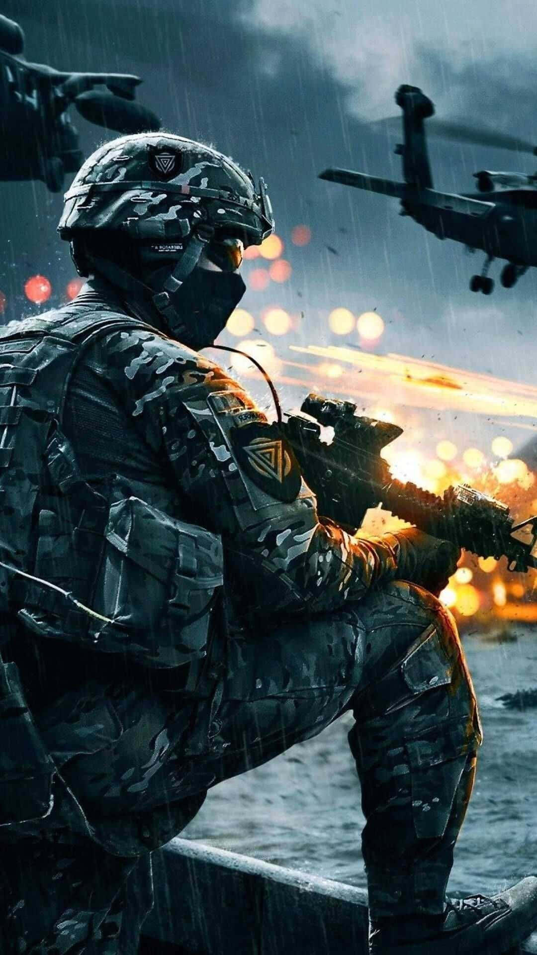 soldier 桌布 壁紙 — 一名全副武裝的士兵蹲在雨中，身後爆炸照亮戰場，頭頂有直升機飛過。