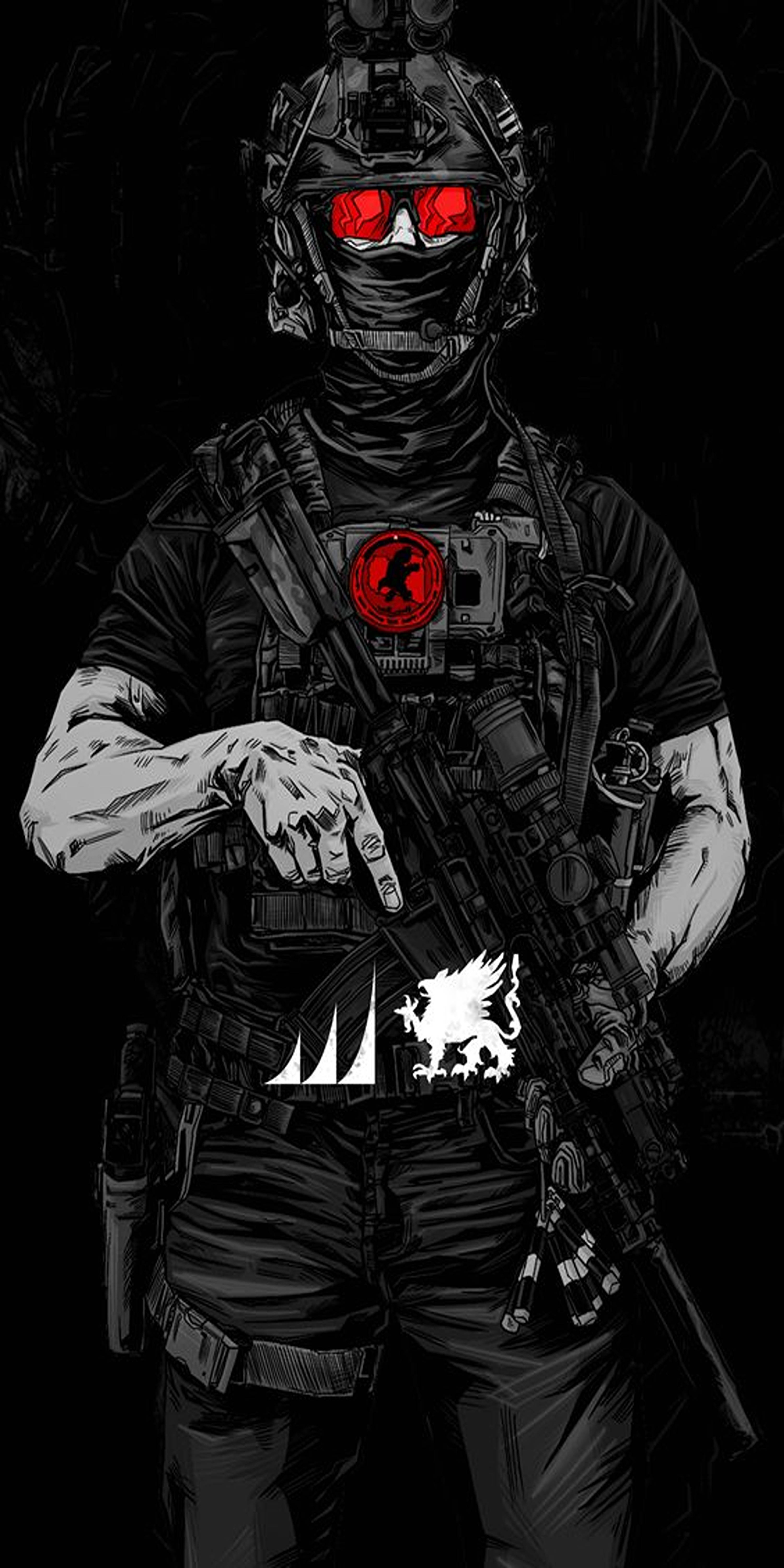 使命召喚 桌布 壁紙 — 一名全副武裝的士兵身穿黑色戰術裝備，擁有發光的紅色眼睛和紅色徽章，站在黑暗背景前。