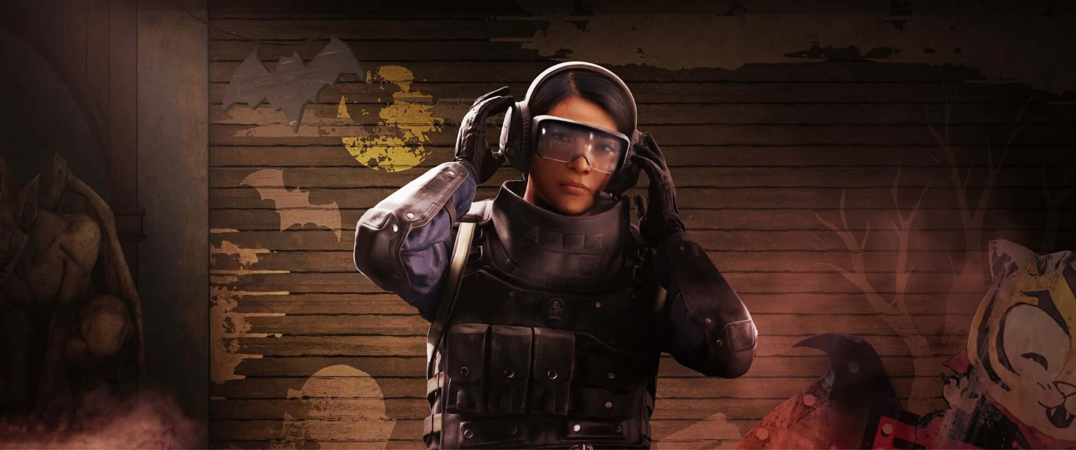 3440x1440p Rainbow Six Siege 桌布 壁紙 — 一名全副武裝的戰術士兵在佈滿塗鴉的破舊城市背景下調整頭盔。