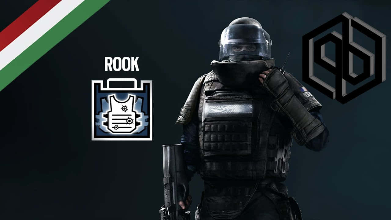 Rainbow Six Siege Rook 桌布 壁紙 — 一名全副武裝的戰術士兵站在帶有義大利國旗和標誌元素的深色背景前。