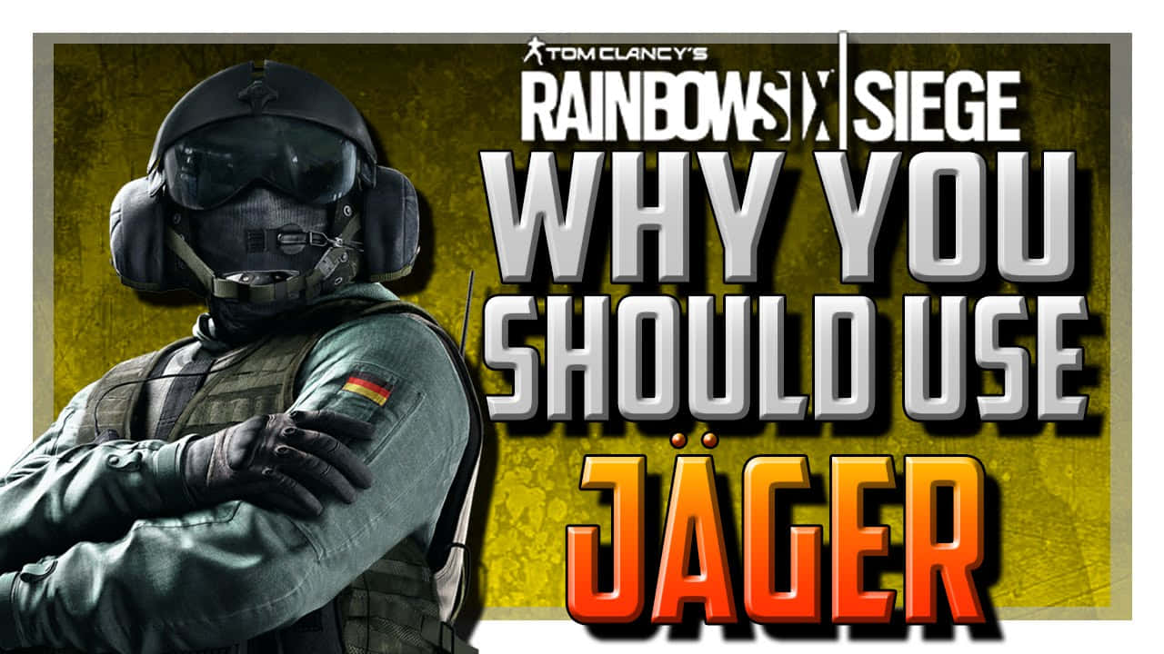 Rainbow Six Siege Jager 桌布 壁紙 — 一名全副武裝的戰術幹員自信地站在粗糙的黃色背景前，帶有粗體遊戲標題文字。