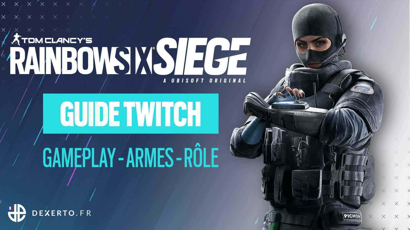 Rainbow Six Siege Twitch 桌布 壁紙 — 一名全副武裝的戰術操作員在動態藍紫遊戲宣傳背景前手持設備。