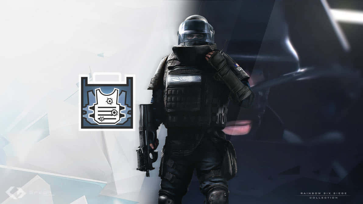 Rainbow Six Siege Rook 桌布 壁紙 — 一名全副武裝的戰術操作員在碎裂光線背景前，手持步槍站在盾牌圖示旁。