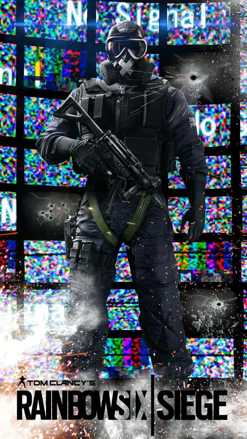 Android Rainbow Six Siege 桌布 壁紙 — 一名全副武裝的戰術操作員站在一面充滿故障螢幕、彈孔和飛濺火花的牆壁中。