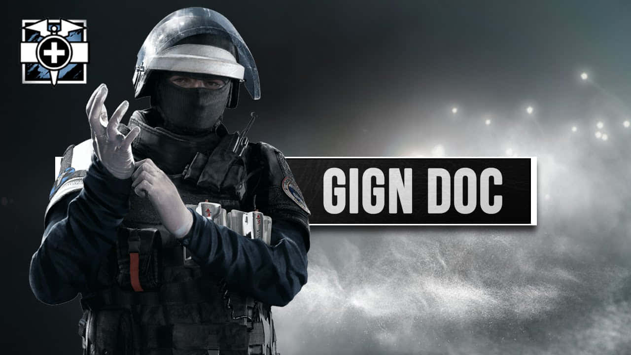 Rainbow Six Siege Doc 桌布 壁紙 — 一名全副武裝的戰術警察在煙霧瀰漫的黑暗背景前做出手勢，並帶有「GIGN DOC」文字。