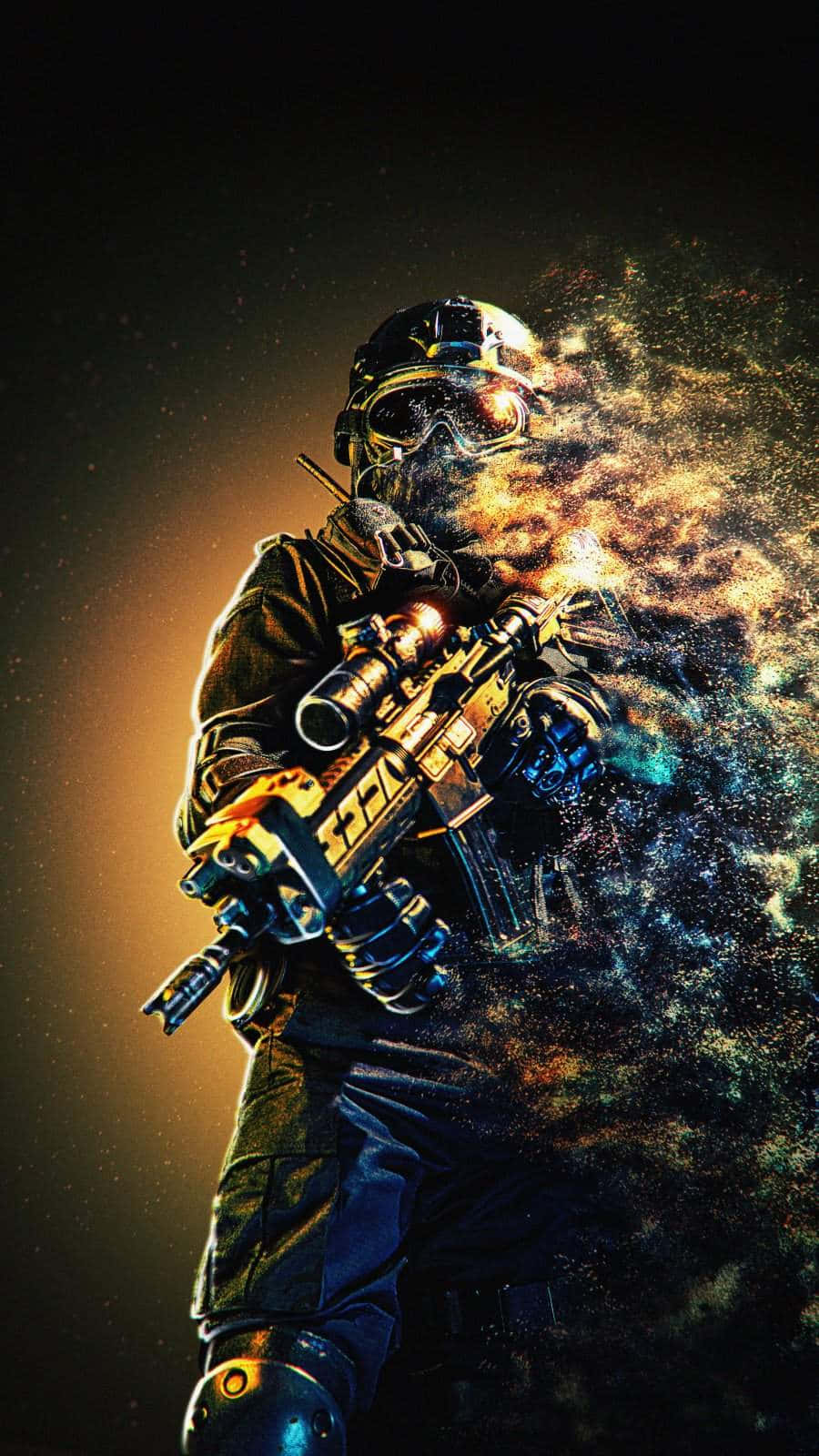 軍事動圖 桌布 壁紙 — 一名全副武裝的未來戰士手持發光武器，在黑暗背景下，宇宙粒子從他們身邊爆炸開來。