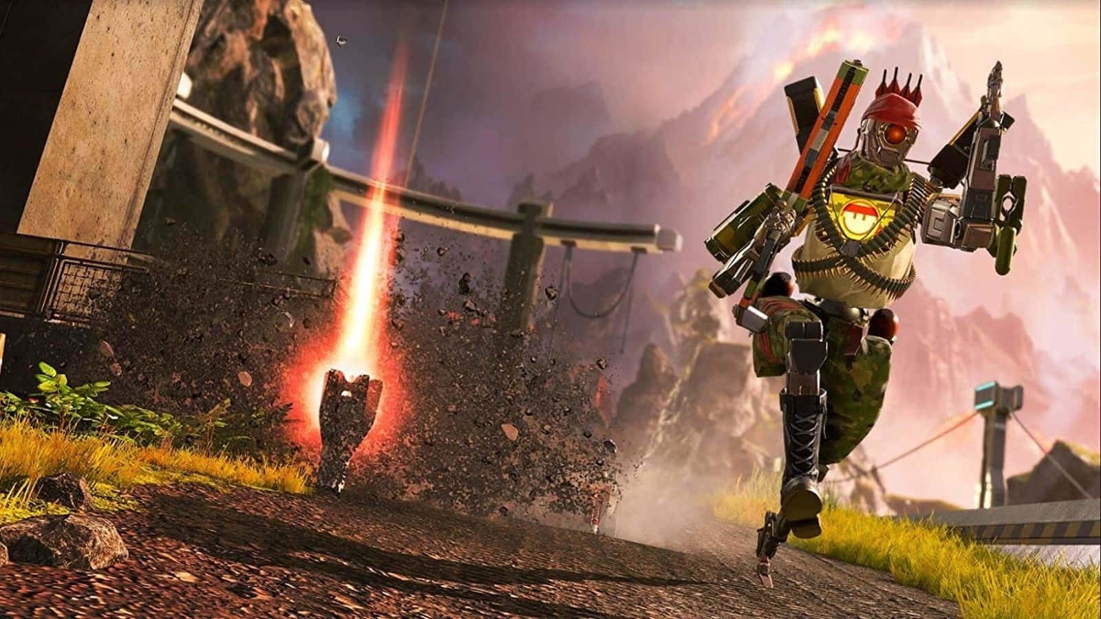 Apex 桌布 壁紙 — 一名全副武裝的機械士兵在岩石地形上奔跑，身後在火紅的天空下發生爆炸。