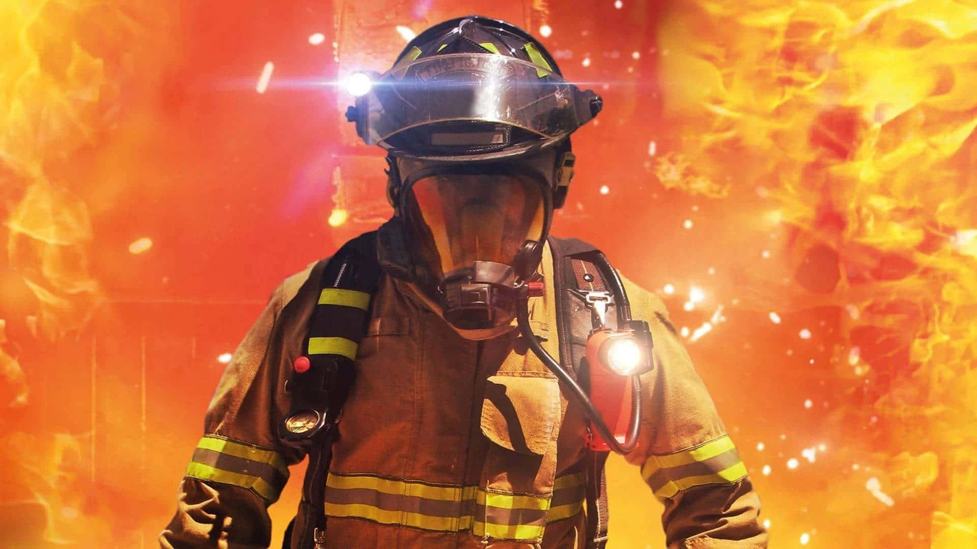 Fireman 桌布 壁紙 — 一名全副武裝的消防員在咆哮的火焰和熾熱的餘燼背景下堅定地站立。