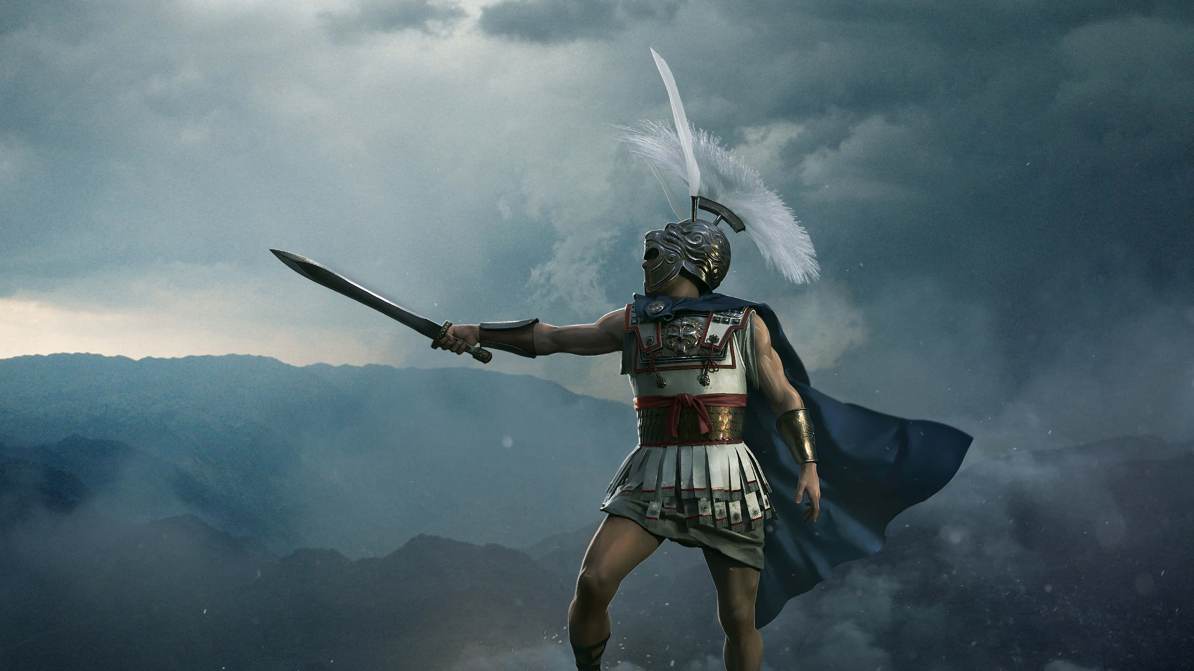 Clouds Aesthetics 桌布 壁紙 — 一名全副武裝的羅馬士兵在霧氣籠罩的山脊上，手持劍，在暴風雨的天空下挑釁地站立。