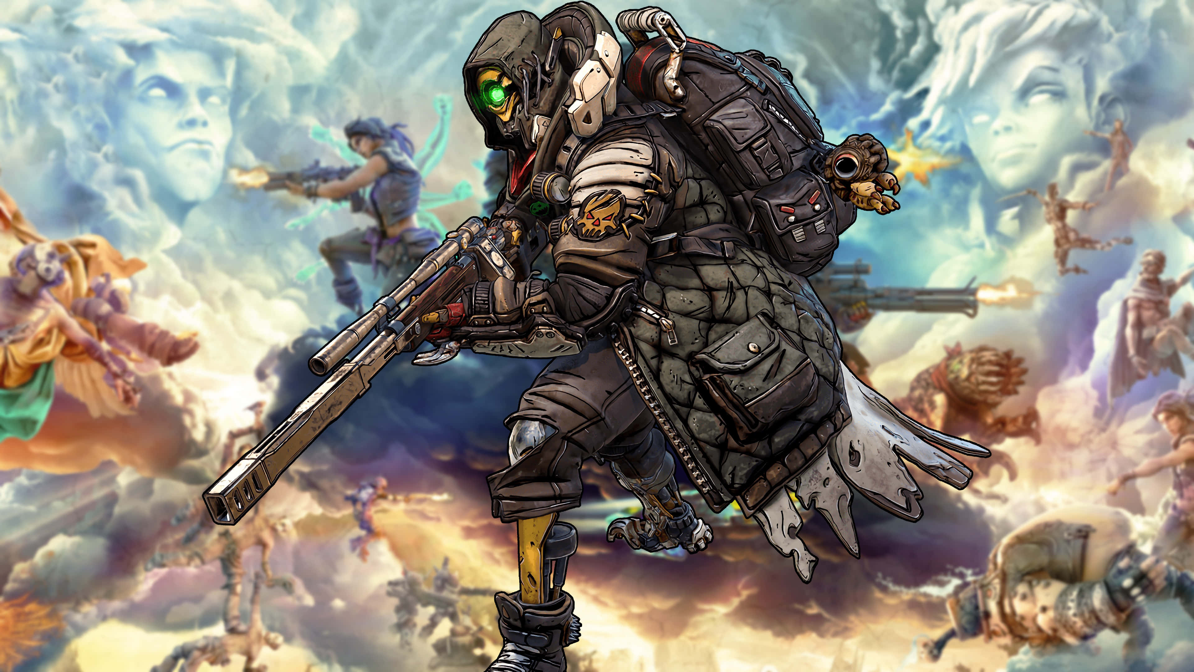 4K Borderlands 3 桌布 壁紙 — 一名全副武裝的裝甲戰士，擁有發光的綠色眼睛，穿過充滿漂浮戰鬥場景和幽靈面孔的混亂天空。
