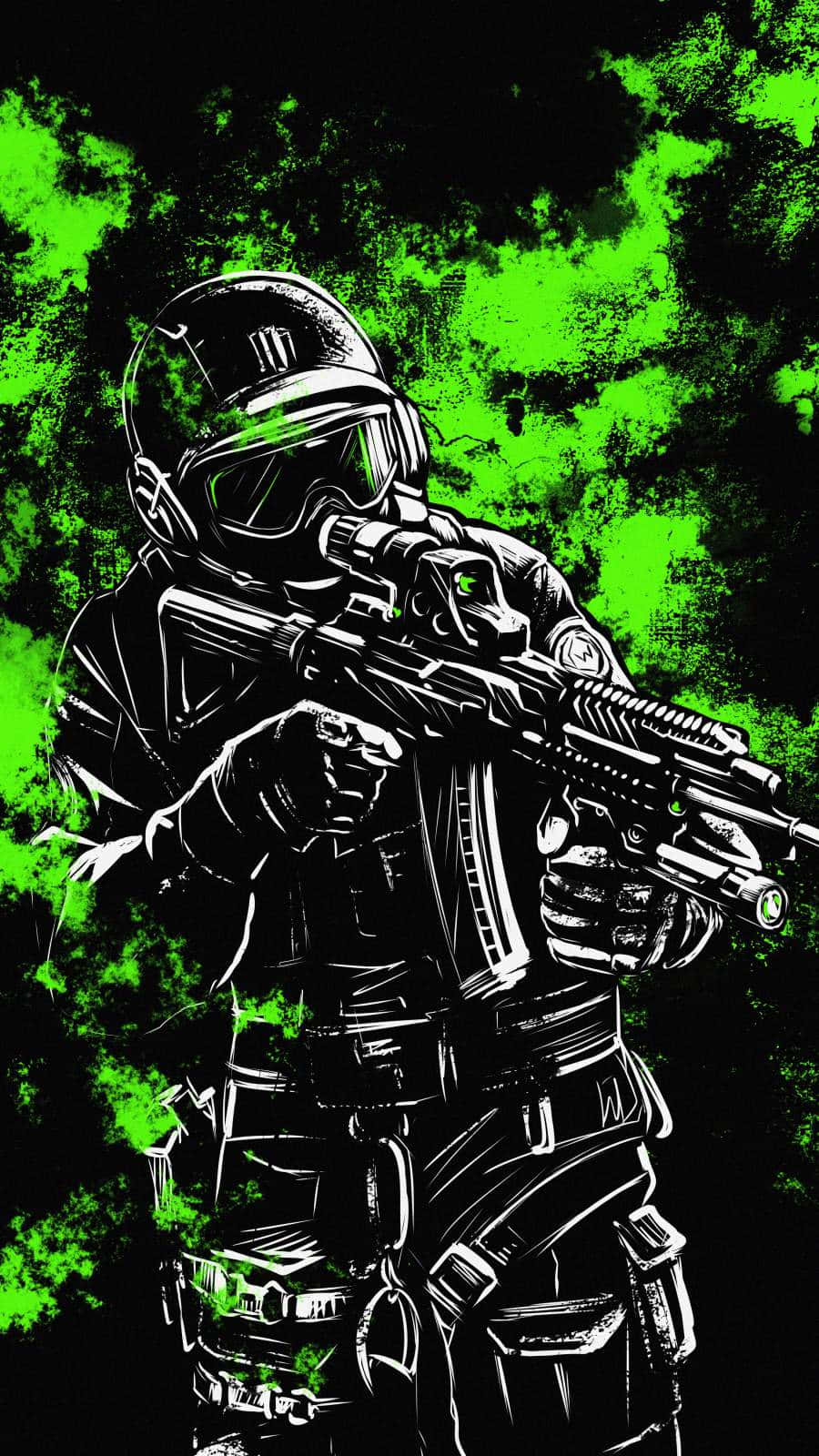 soldier 桌布 壁紙 — 一名全副武裝的風格化士兵在充滿活力的綠色潑濺背景下瞄準步槍。