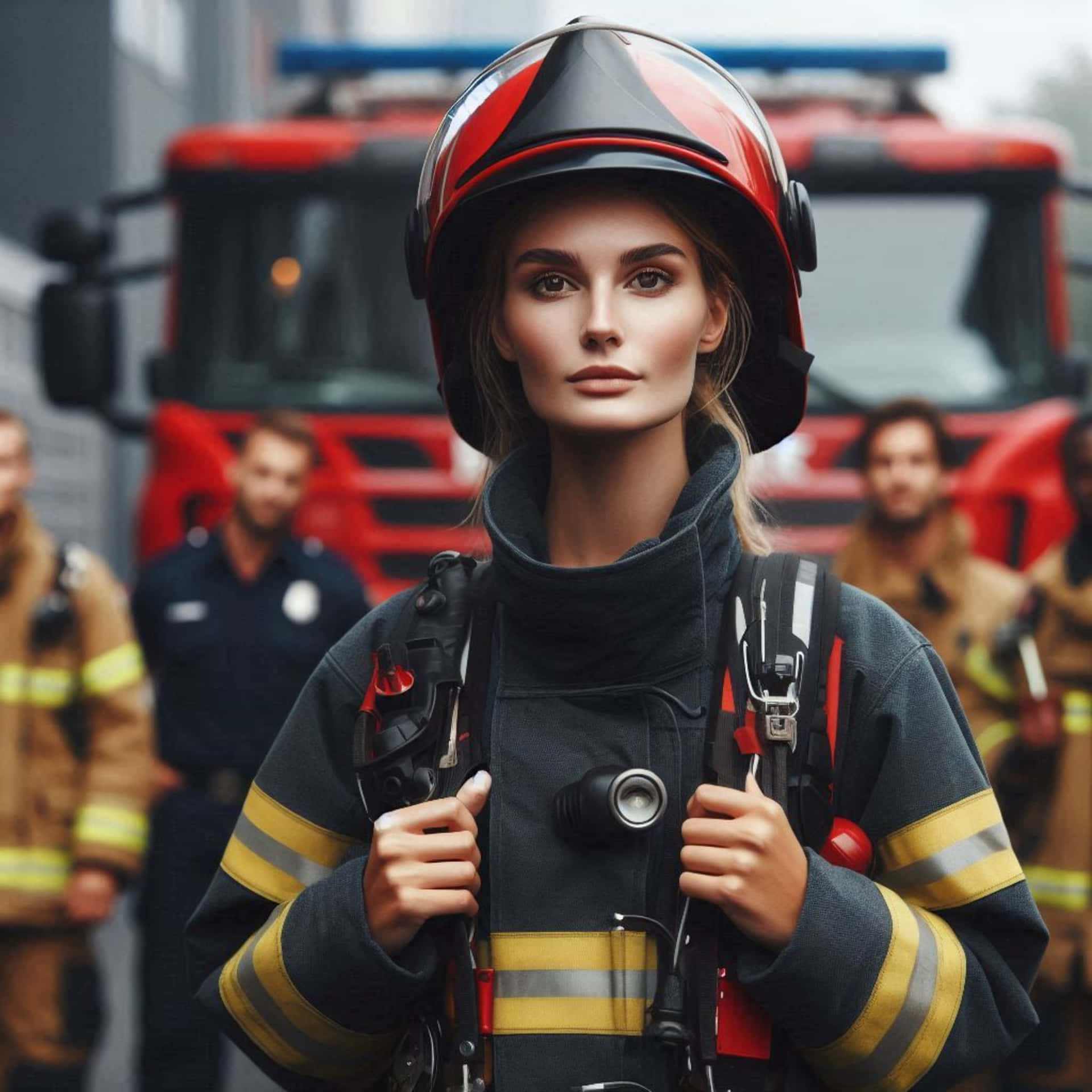 realistic photograph of a female firefighter 壁紙 — 一名全副裝備的女消防員自信地站在紅色消防車前，隊友們在旁觀看。