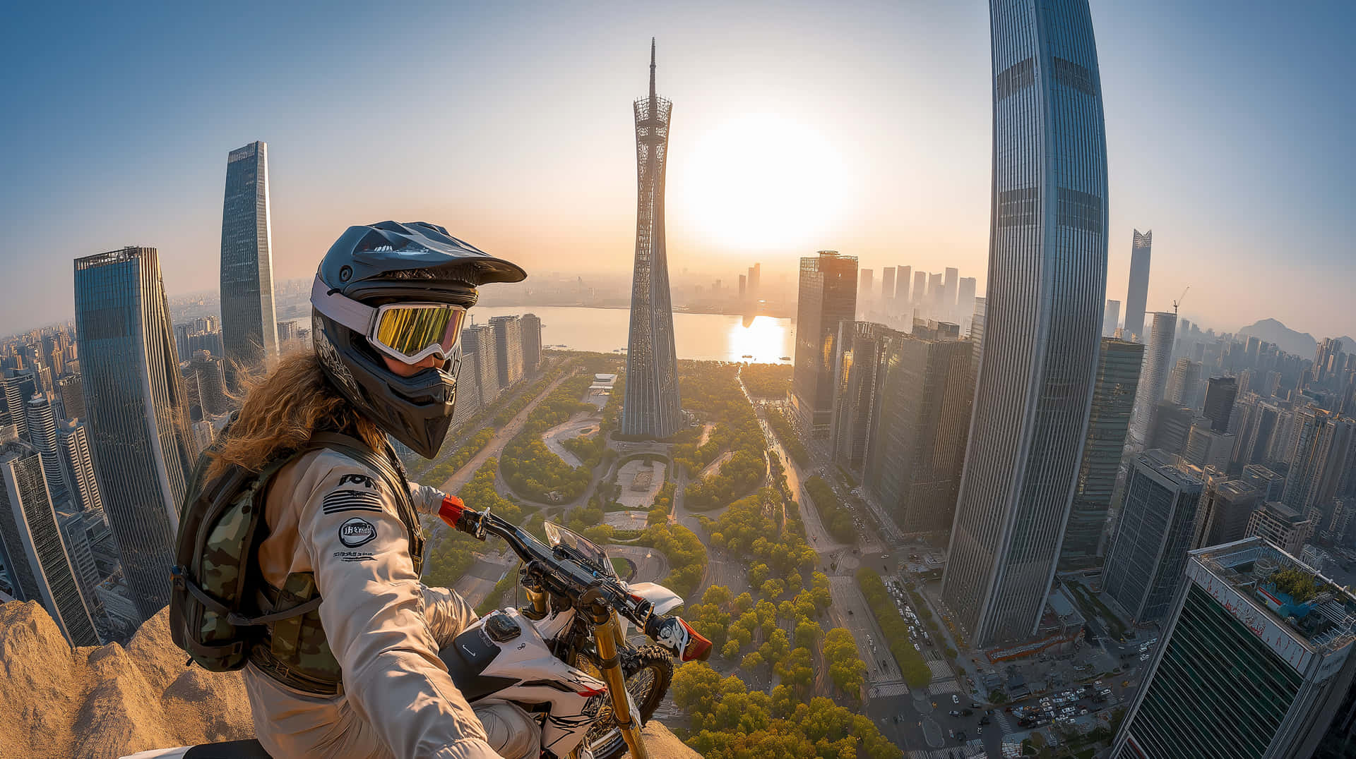 Biker on a Mountaintop Overlooking a Modern City at Sunrise 壁紙 — 一名全副裝備的摩托車手棲身於懸崖頂，俯瞰著金色日出下廣闊的未來城市景觀。