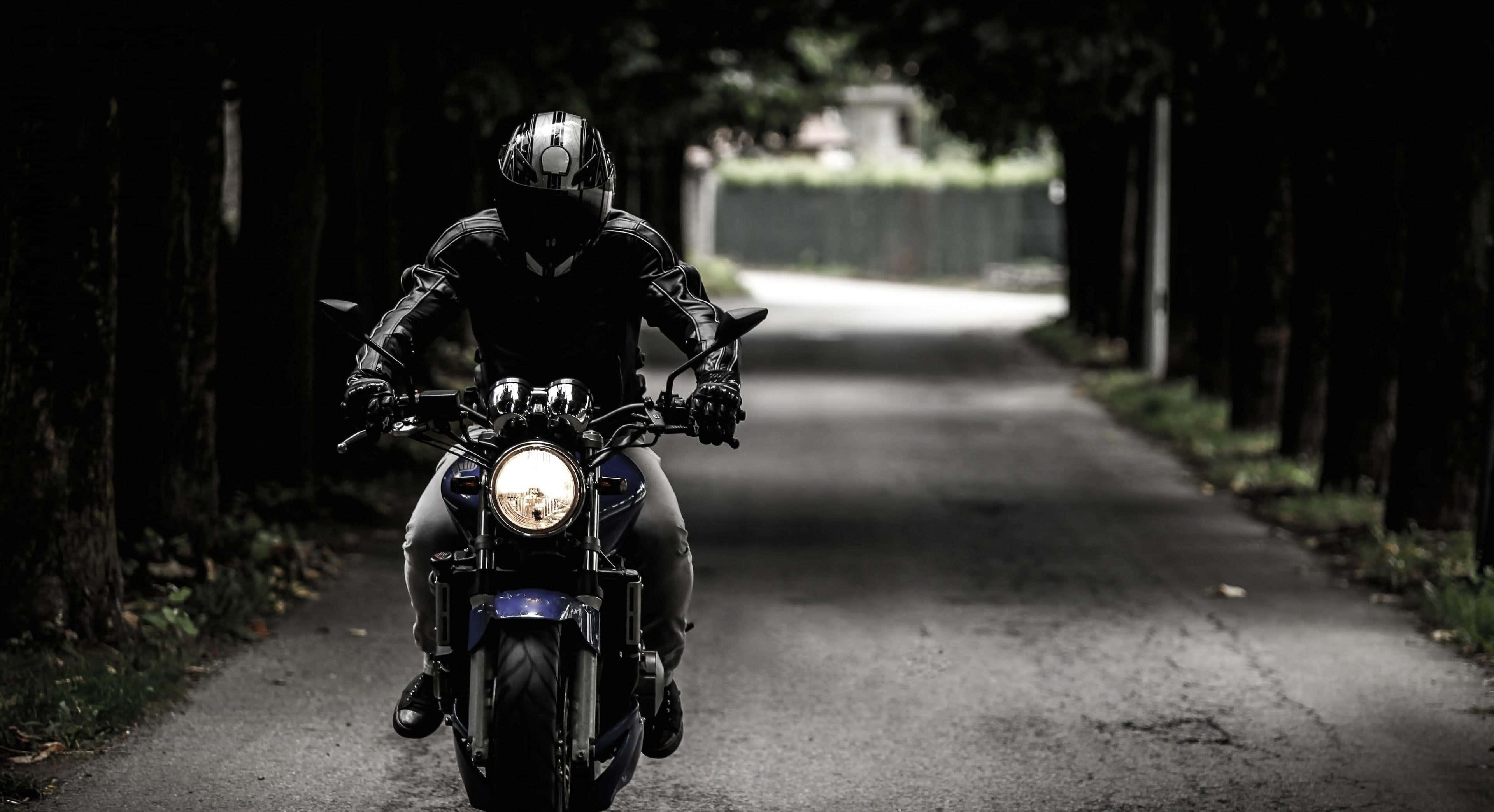 Rider 桌布 壁紙 — 一名全副裝備的機車騎士，在戲劇性的背光下，騎著藍色機車行駛在綠樹成蔭的道路上。