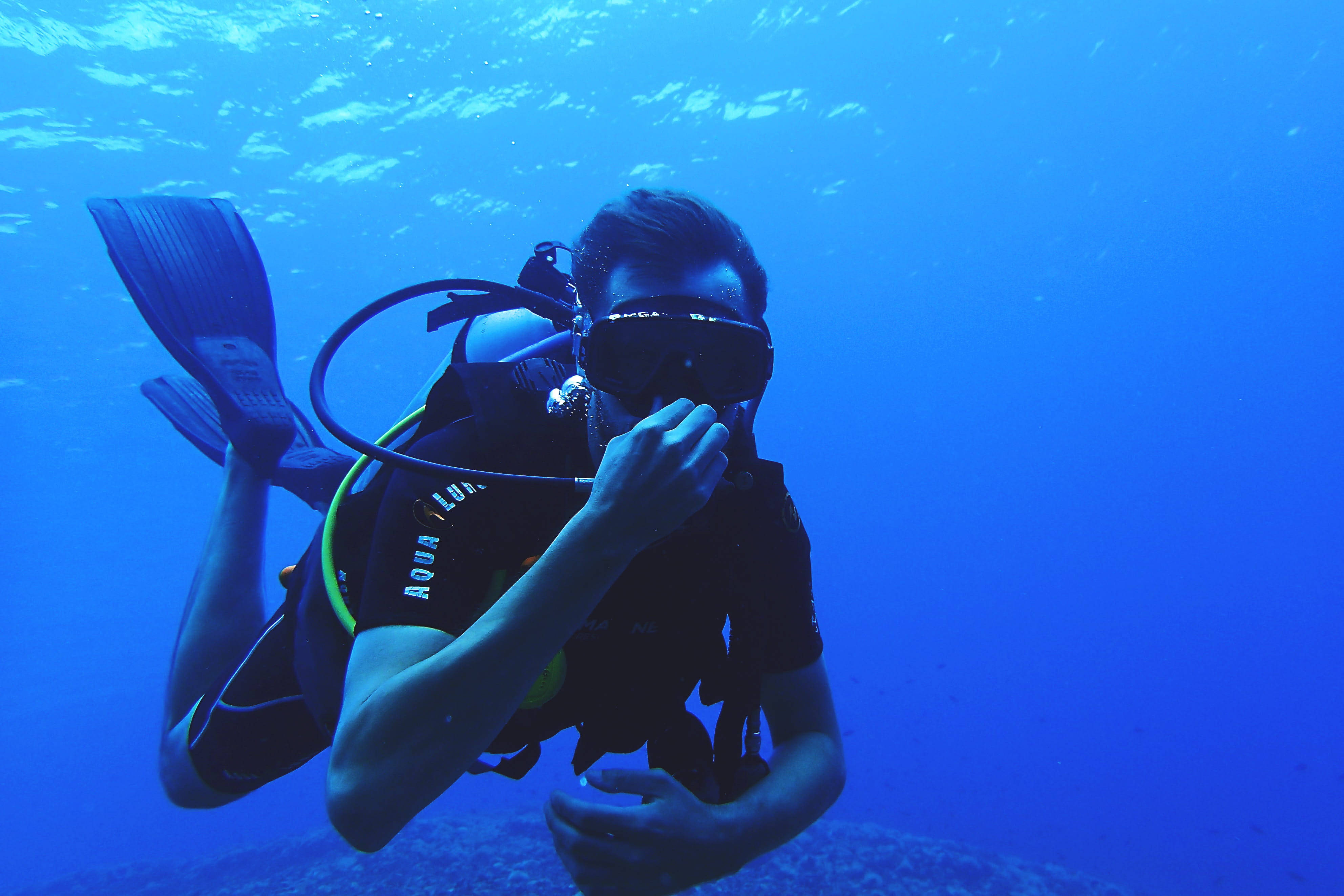 diving 桌布 壁紙 — 一名全副裝備的水肺潛水員在廣闊的藍色海洋背景下調整他們的水下面罩。