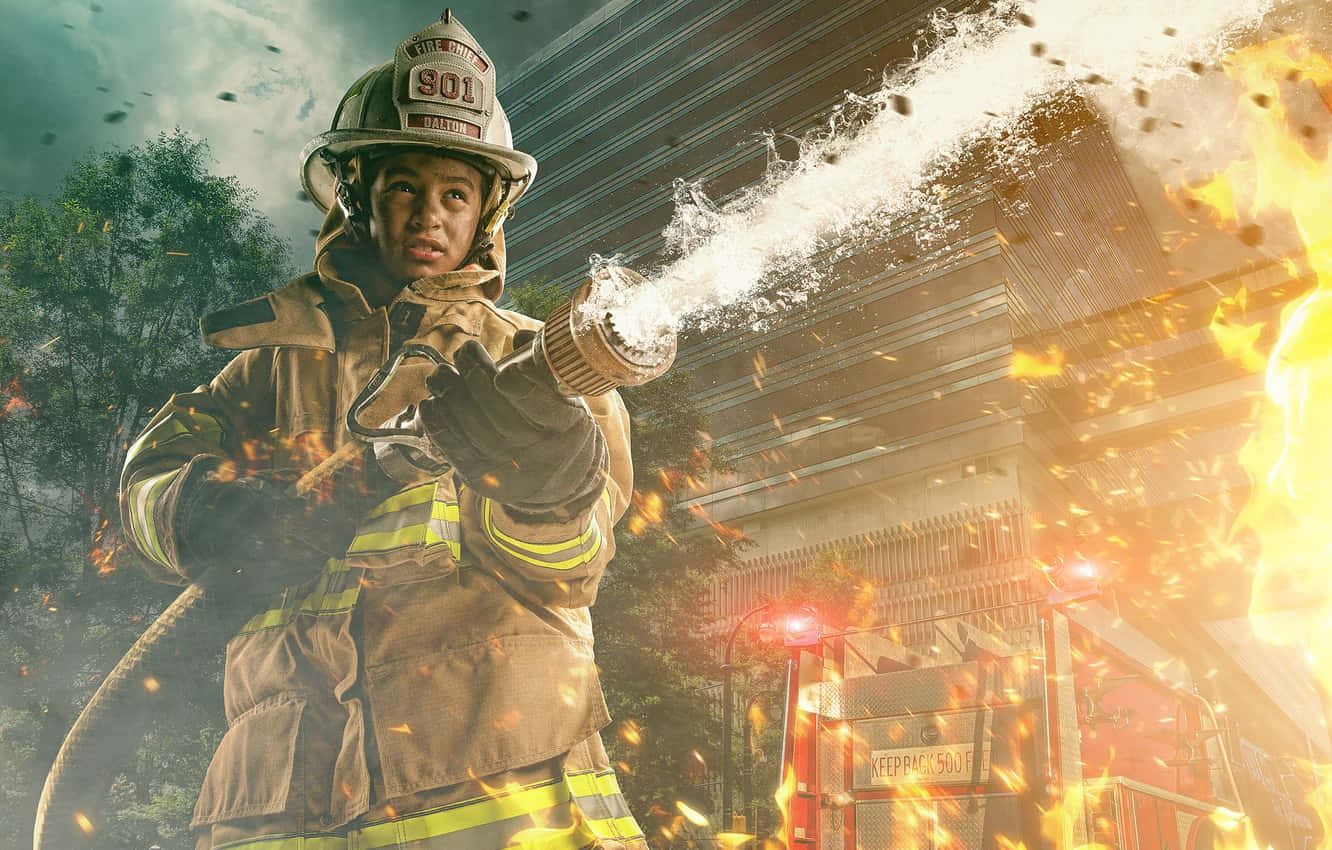 Fireman 桌布 壁紙 — 一名全副裝備的消防員正用強力水柱對抗猛烈火災，射向一棟燃燒中的建築物。