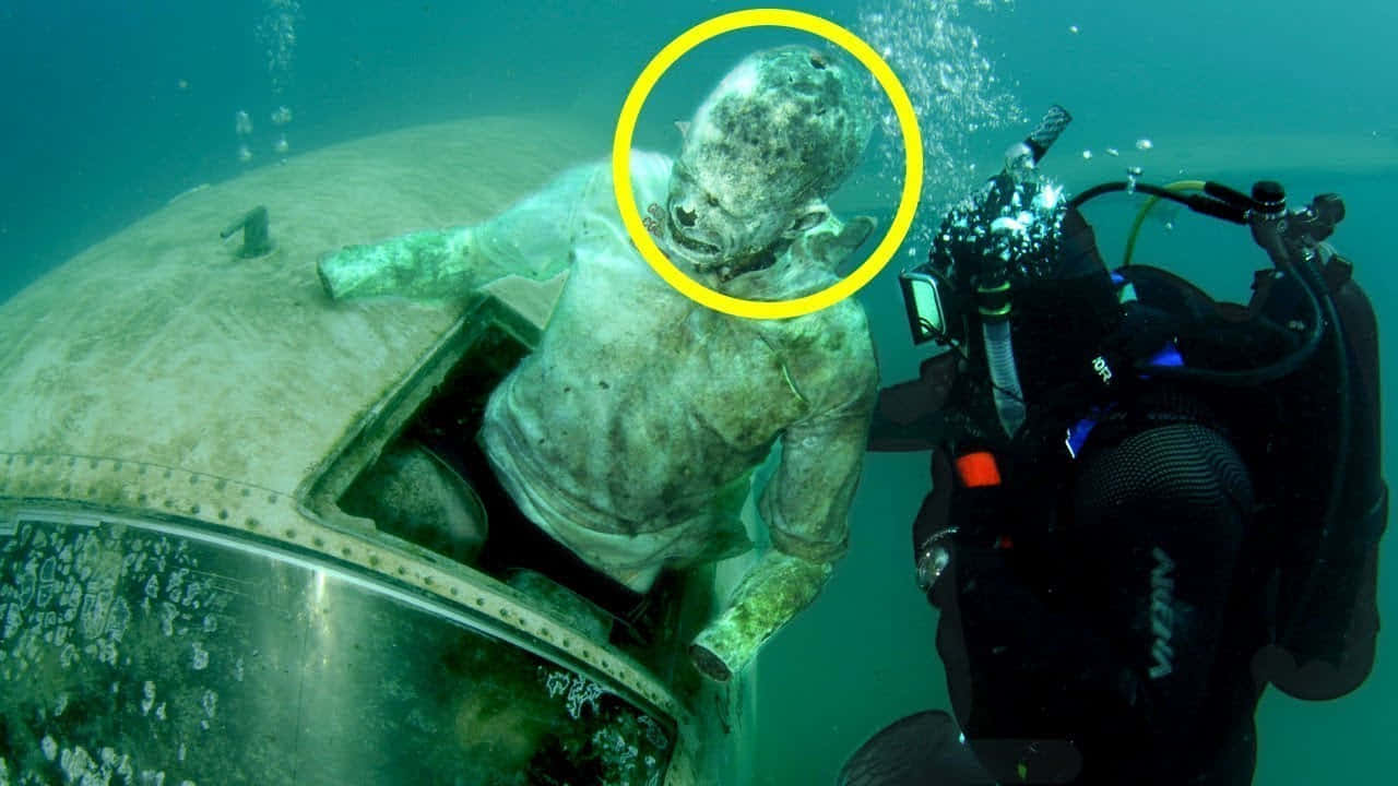 Underwater Scary Ocean 桌布 壁紙 — 一名全副裝備的潛水員在水下觀察一個被保存在腐蝕金屬駕駛艙內的人體標本。