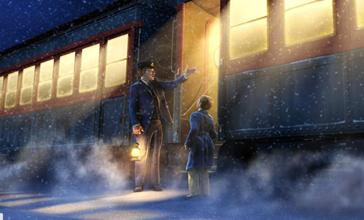 電影動圖 桌布 壁紙 — 一名列車長在雪地火車站，星空下，閃爍的窗戶前，熱情地迎接一個小孩。