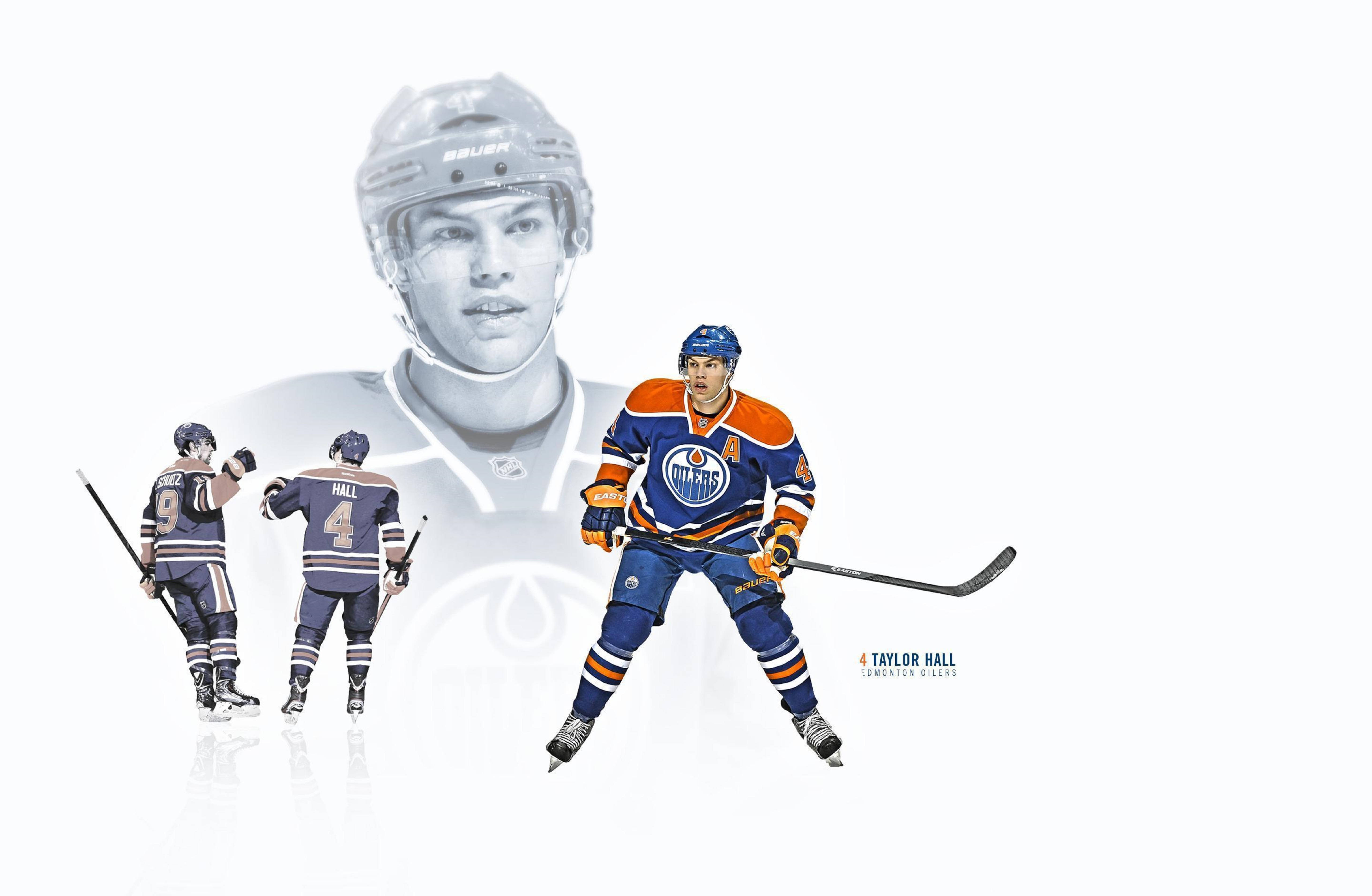 Oilers 桌布 壁紙 — 一名動感十足的冰球運動員身穿藍橙色球衣，以三種風格化姿勢呈現在褪色肖像背景前。