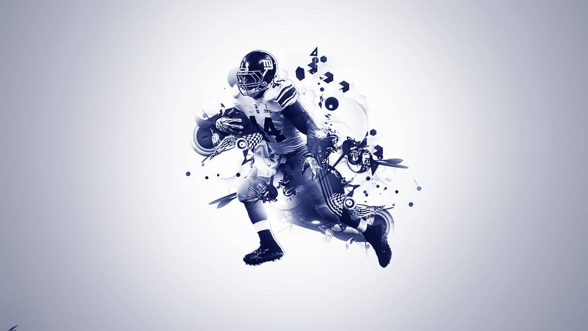 Cool NFL 桌布 壁紙 — 一名動感十足的足球運動員在運動中，抽象飛濺效果和幾何碎片從他的身形中迸發，背景為漸變色。