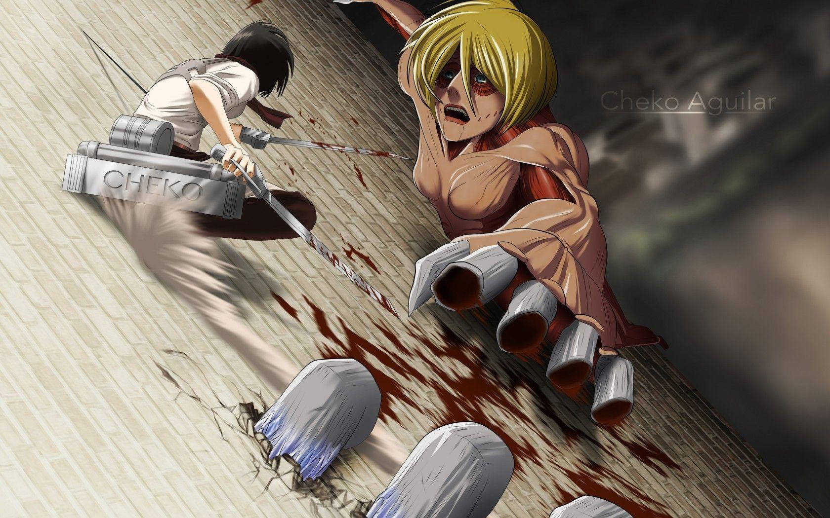 Mikasa 桌布 壁紙 — 一名動漫戰士在沾滿血跡的裂開木地板上用劍斬擊一個巨型巨人。