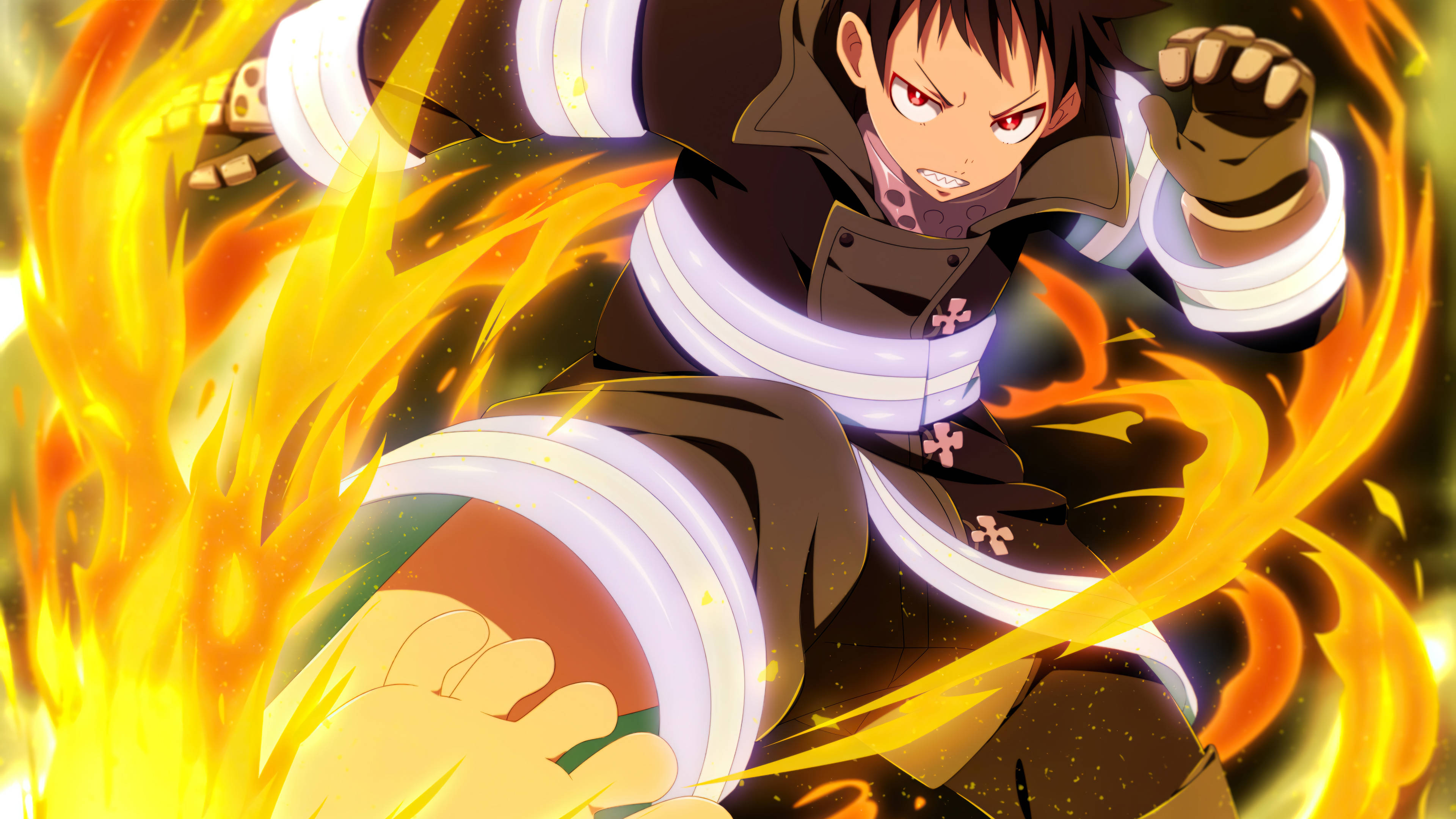 Shinra 桌布 壁紙 — 一名動漫消防員以強烈的表情和動態動作釋放出強大的火焰爆發。