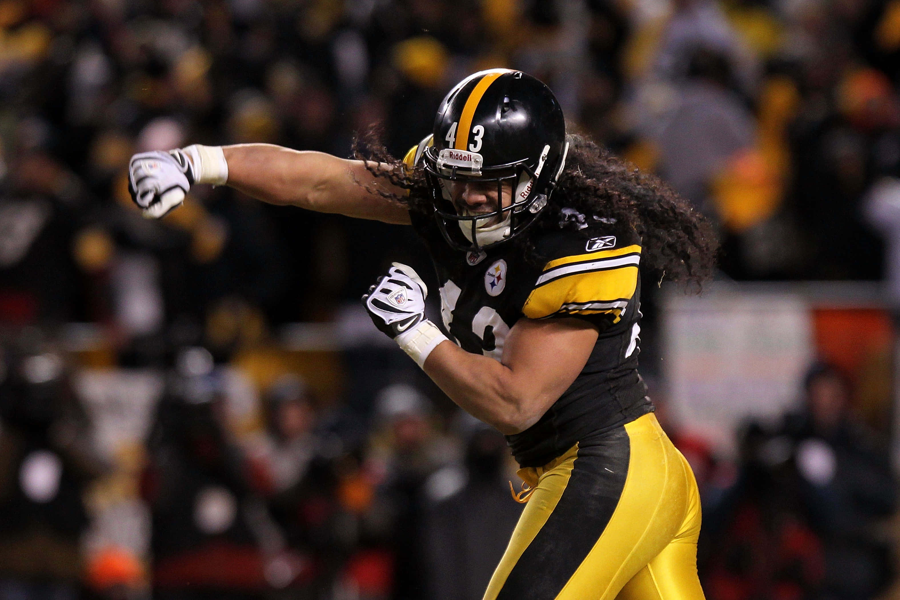 Troy Polamalu 桌布 壁紙 — 一名匹茲堡鋼人隊的美式足球員身穿黑金色球衣，在球場燈光下張開雙臂慶祝。