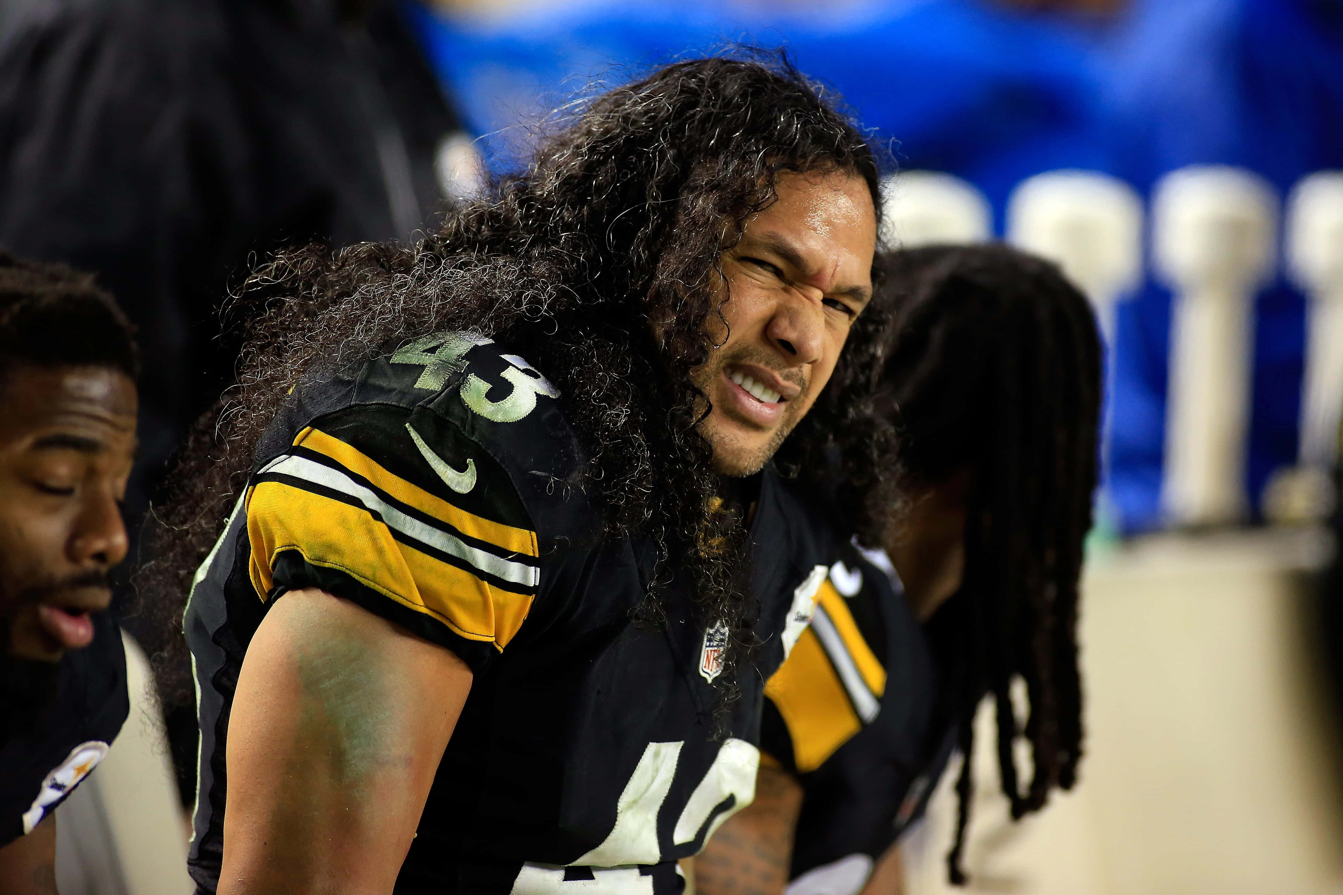 Troy Polamalu 桌布 壁紙 — 一名匹茲堡鋼人隊的足球員，留著長捲髮，在比賽期間在邊線處表情猙獰。