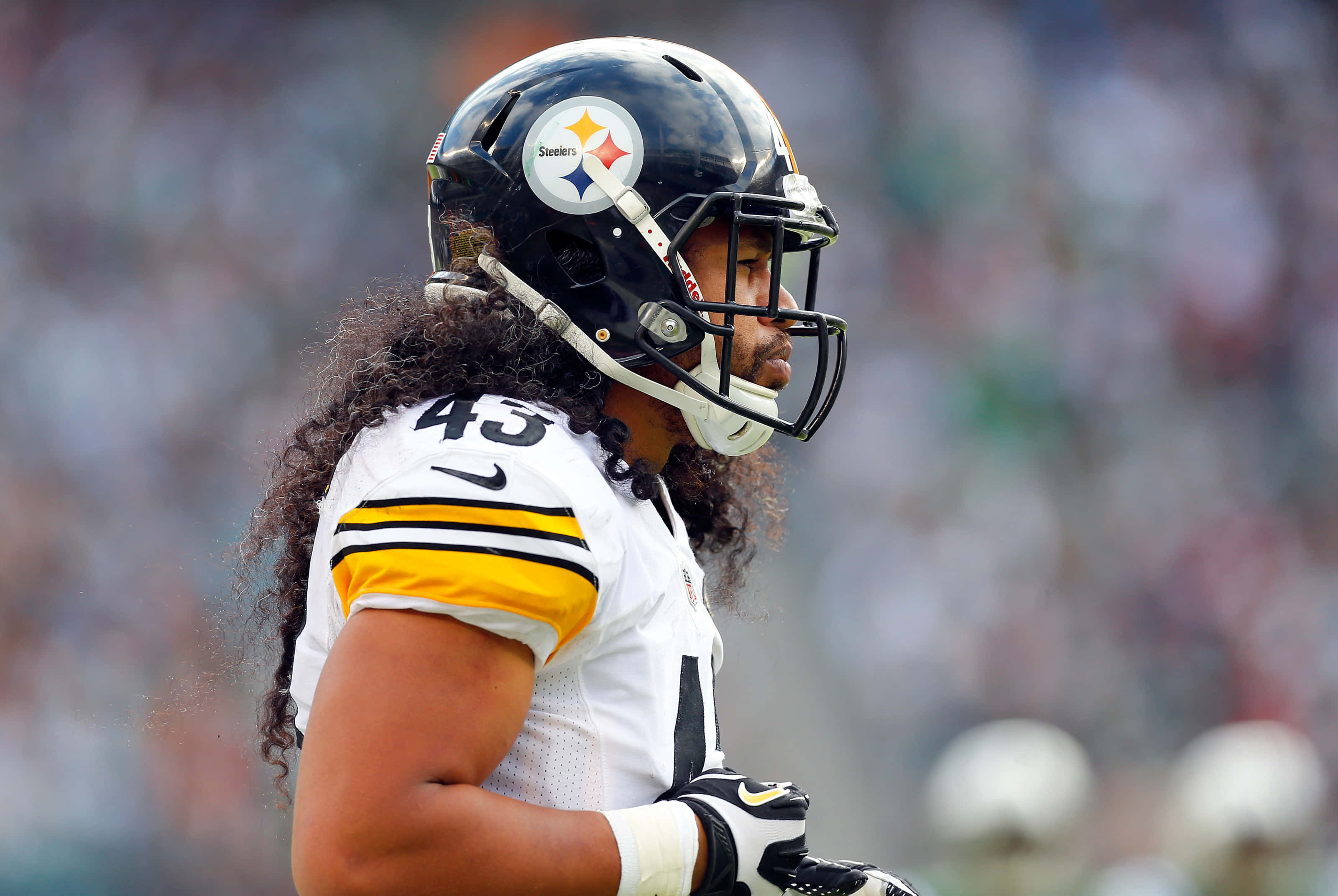 Troy Polamalu 桌布 壁紙 — 一名匹茲堡鋼人隊美式足球員，留著長捲髮，戴著頭盔和球衣，在比賽中側面站立。