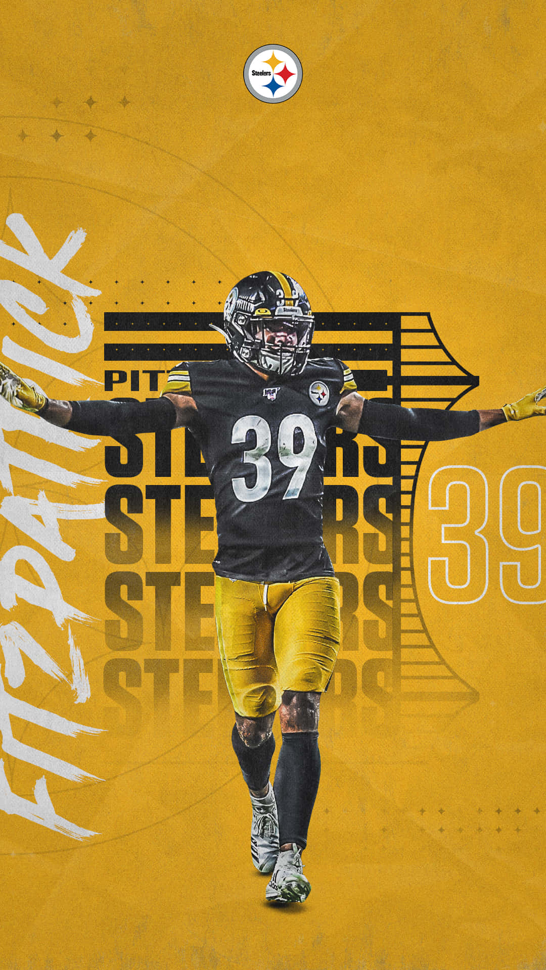 Steelers iPhone 桌布 壁紙 — 一名匹茲堡鋼人隊美式足球員身穿黑金色球衣，雙臂伸展，背景為大膽的黃色並帶有球隊品牌標誌。