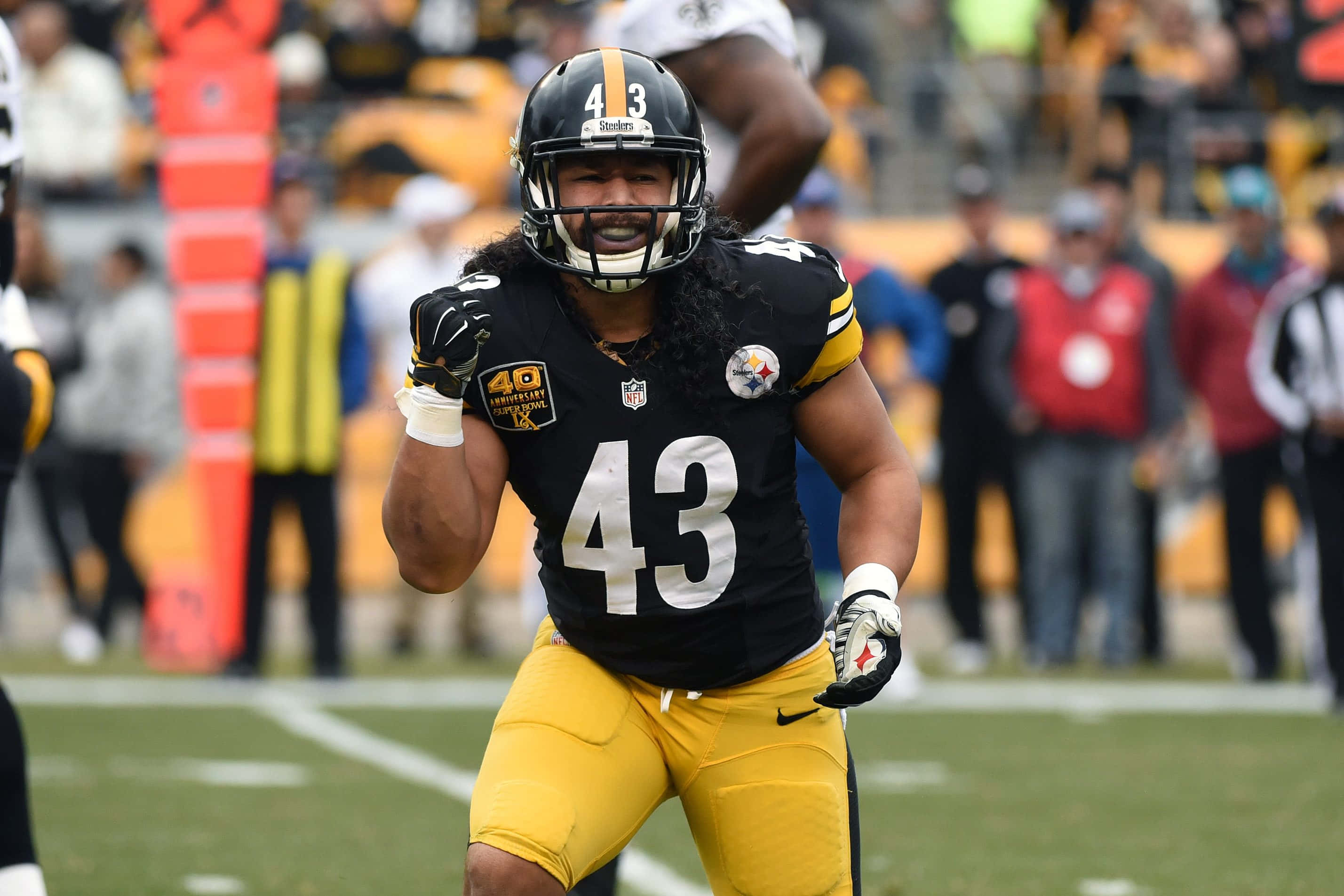Troy Polamalu 桌布 壁紙 — 一名匹茲堡鋼人隊美式足球員身穿黑金色球衣，在比賽期間於綠色球場上奔跑，背景有球迷。