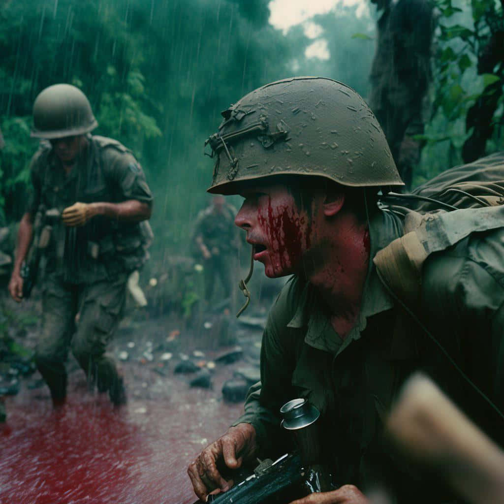 Vietnam War 桌布 壁紙 — 一名受傷的士兵滿臉鮮血，在雨淋的叢林中爬行，同袍在他身後推進。