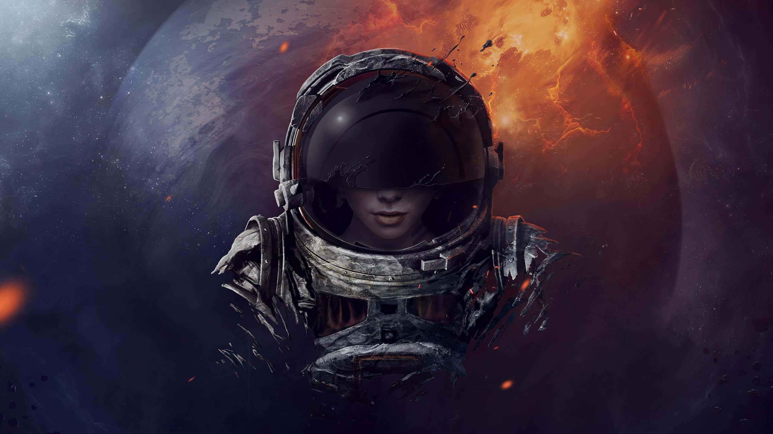 Astronaut Desktop 桌布 壁紙 — 一名受損的太空人戴著破裂的頭盔，凝視前方，背景是熾熱的行星和星空虛空。