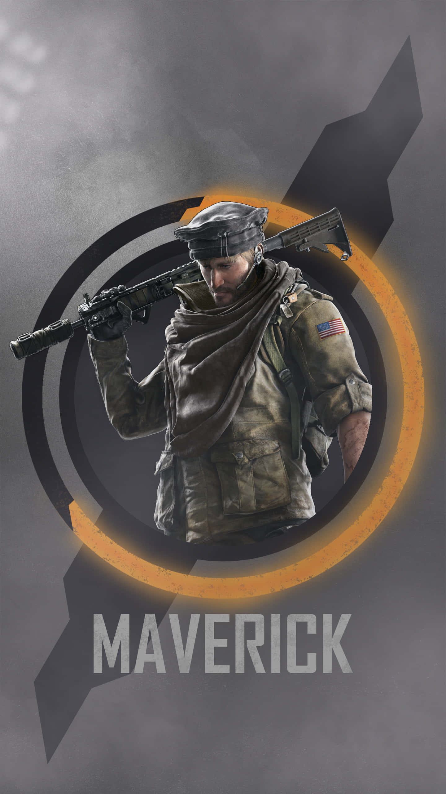 Rainbow Six Siege Maverick 桌布 壁紙 — 一名名叫 Maverick 的粗獷士兵站在黑暗煙霧瀰漫的環境中，手持步槍，身後有一個橙色發光的圓形標誌。
