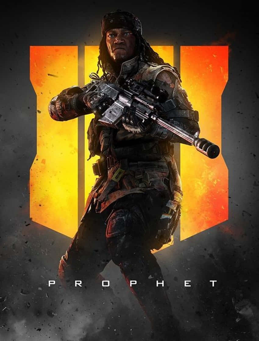 YouTube Gaming 桌布 壁紙 — 一名名叫 Prophet 的粗獷士兵以動態姿勢持步槍，背景是火熱的橙色和黃色，帶有數字四。