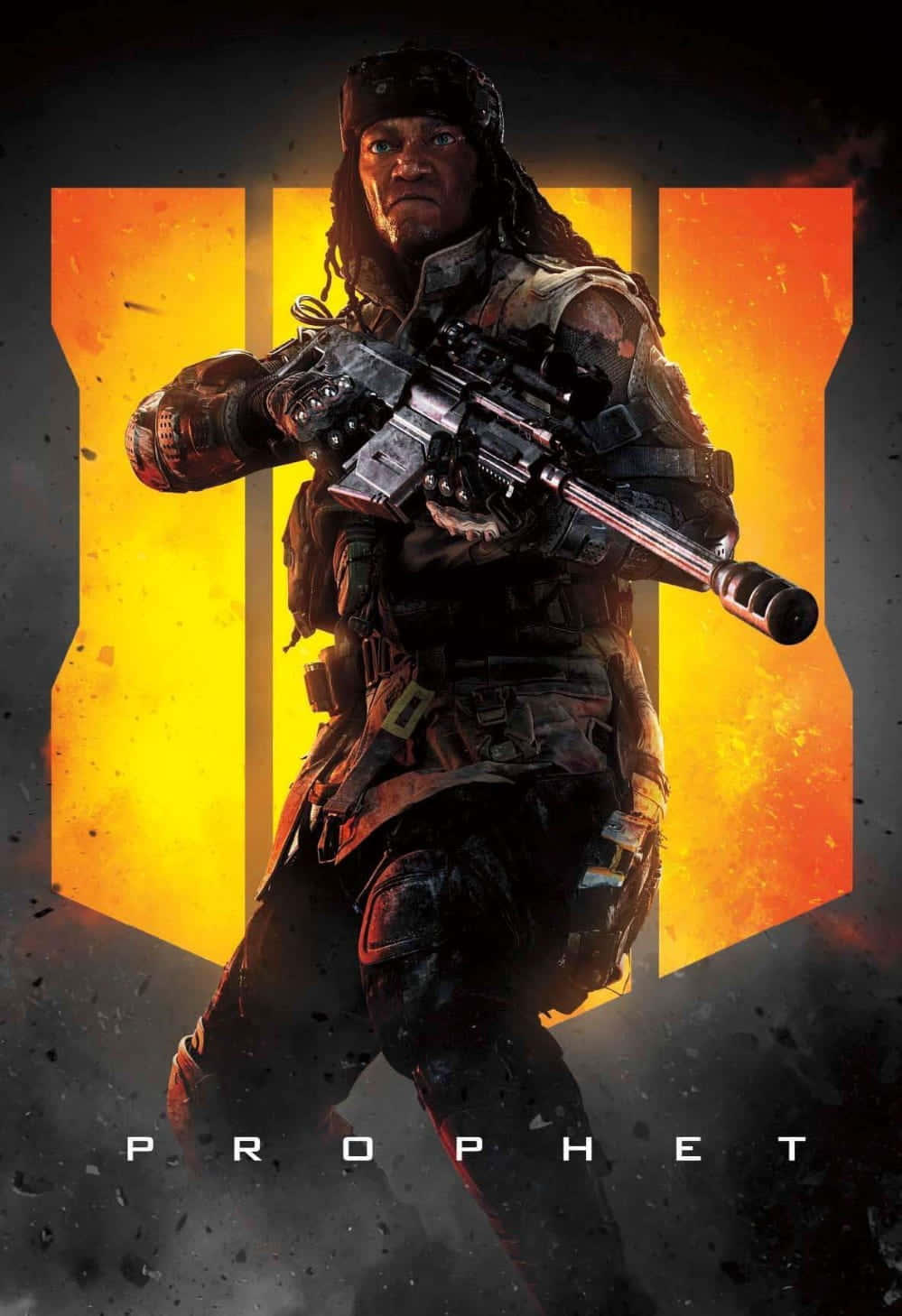 Cod Mobile Character Skins 桌布 壁紙 — 一名名為 Prophet 的兇猛士兵，在發光的橙色和黃色背景下準備好步槍。