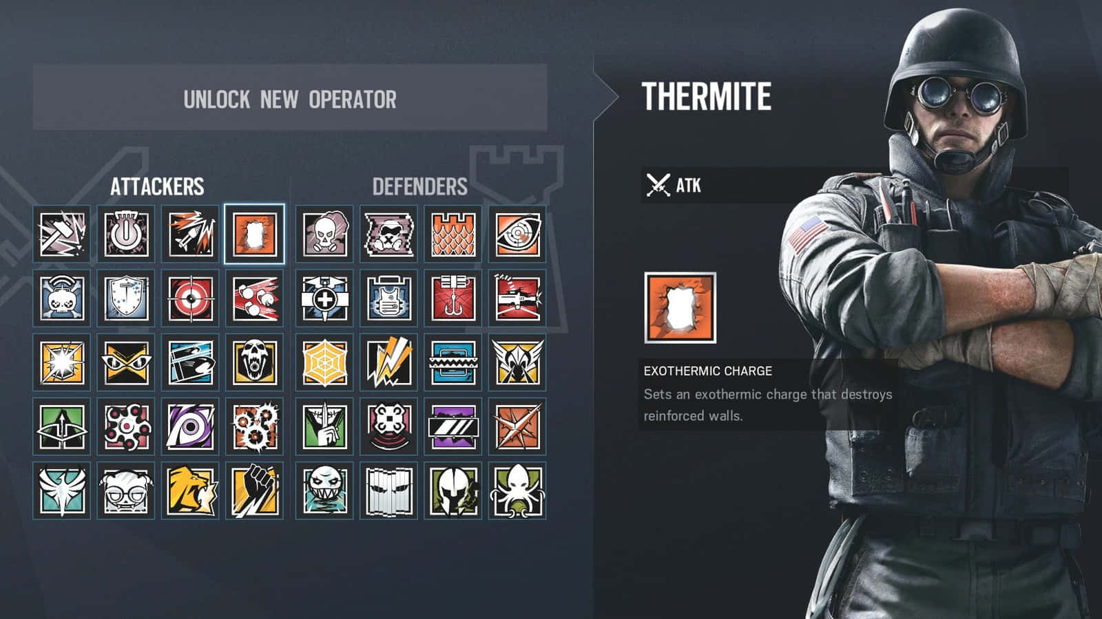 Rainbow Six Siege Thermite 桌布 壁紙 — 一名名為Thermite的戰術士兵交叉雙臂站在遊戲介面中的操作員圖標網格旁。