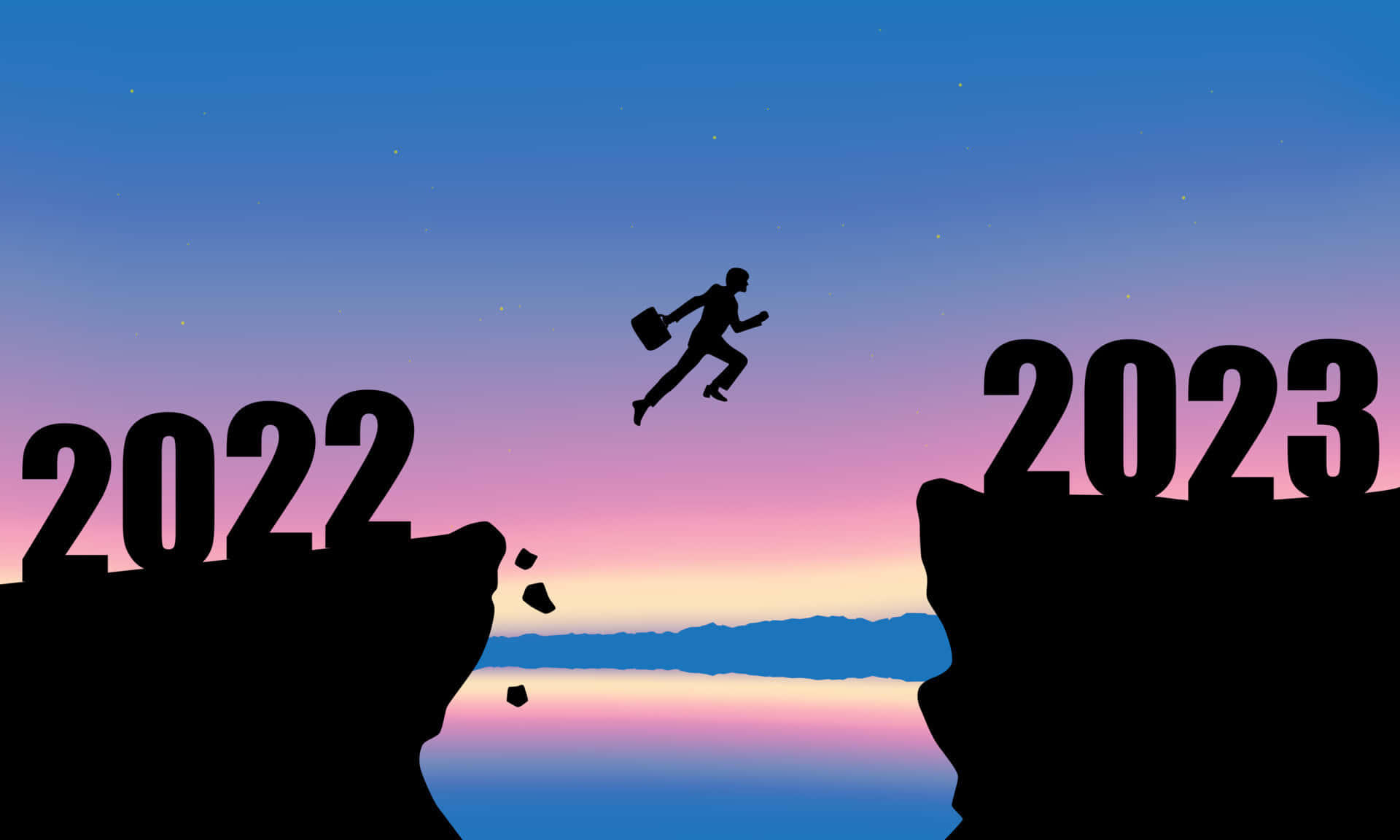Happy New Year 2022 桌布 壁紙 — 一名商人從標有2022的懸崖跳向標有2023的懸崖的剪影，背景是暮色天空。
