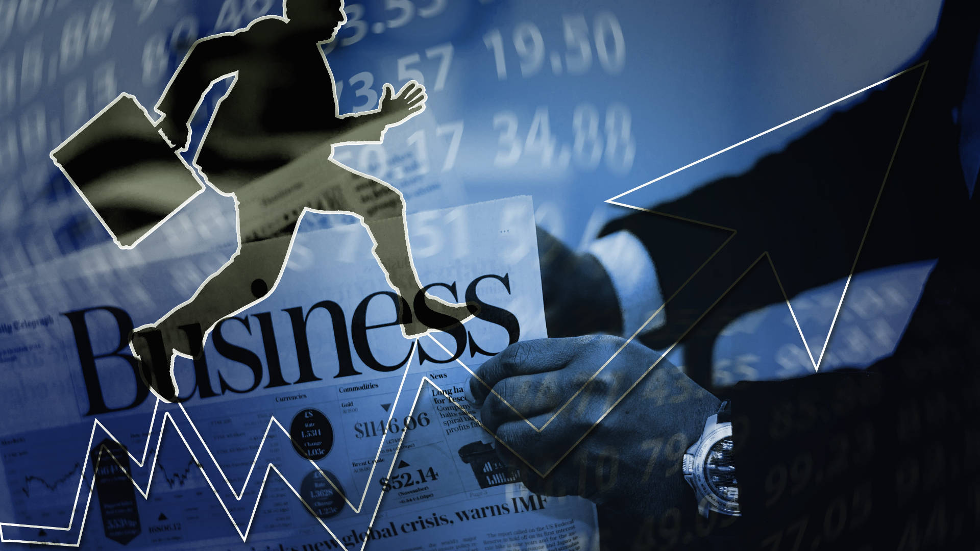Business 桌布 壁紙 — 一名商人的手拿著報紙，一個奔跑的剪影和股票圖表疊加在藍色金融數據背景上。