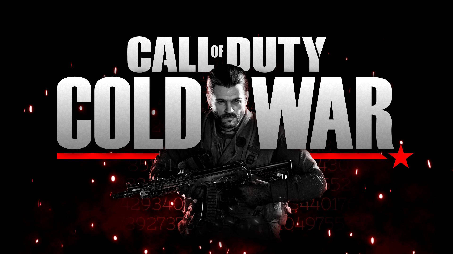 Cod 桌布 壁紙 — 一名嚴肅的士兵手持步槍，站在粗體白色文字「CALL OF DUTY COLD WAR」後面，背景為黑色，帶有紅色火花和一顆紅星。